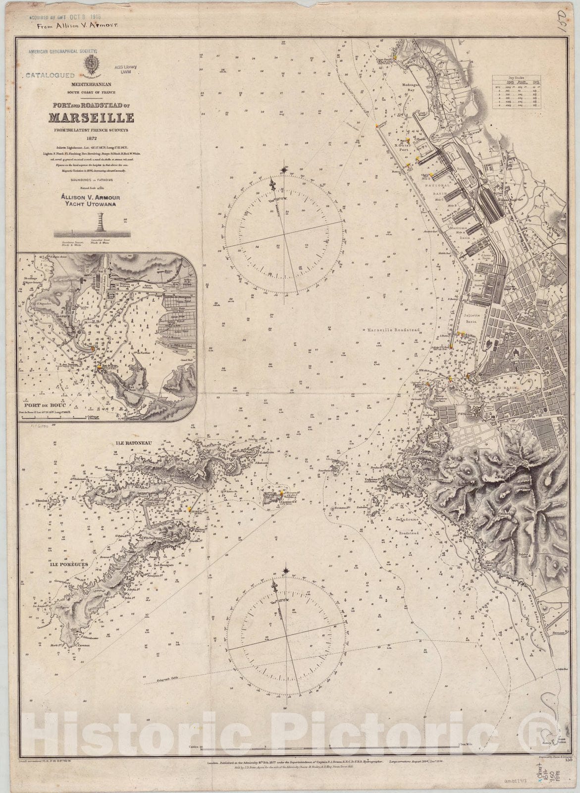 Map : France, south coast 1898, Mediterranean, south coast of France, Port and Roadstead of Marseille , Antique Vintage Reproduction