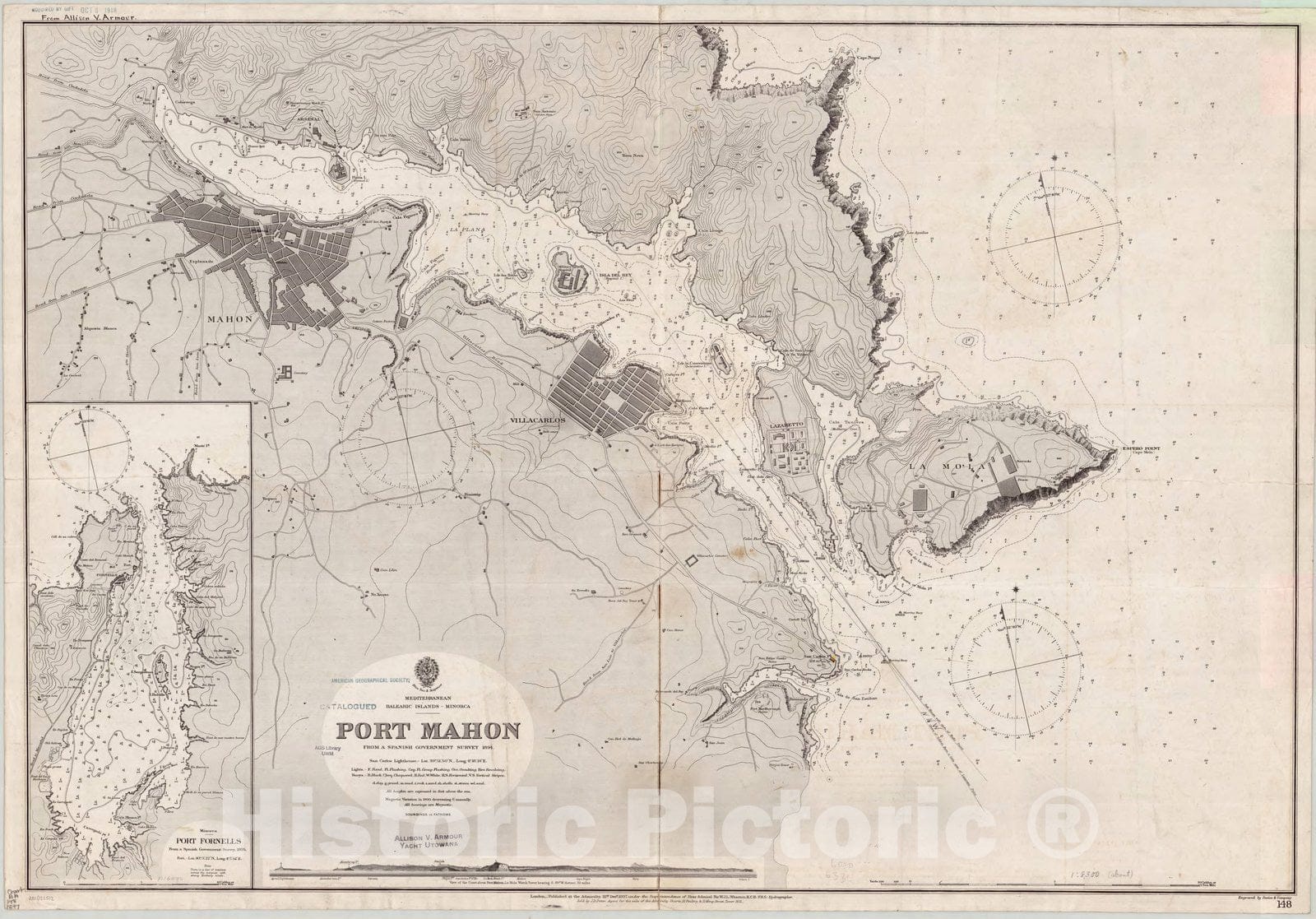 Map : Balearic Islands 1897, Mediterranean, Balearic Islands, Minorca, Port Mahon , Antique Vintage Reproduction