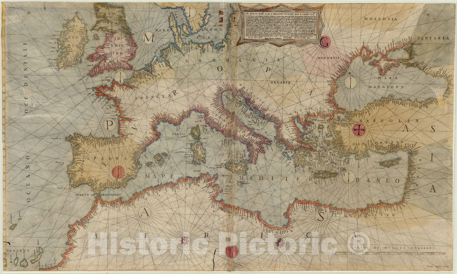 Map : Mediterranean Sea Region 1569, Al molto magco. ... o la carta del navigare ... , Antique Vintage Reproduction