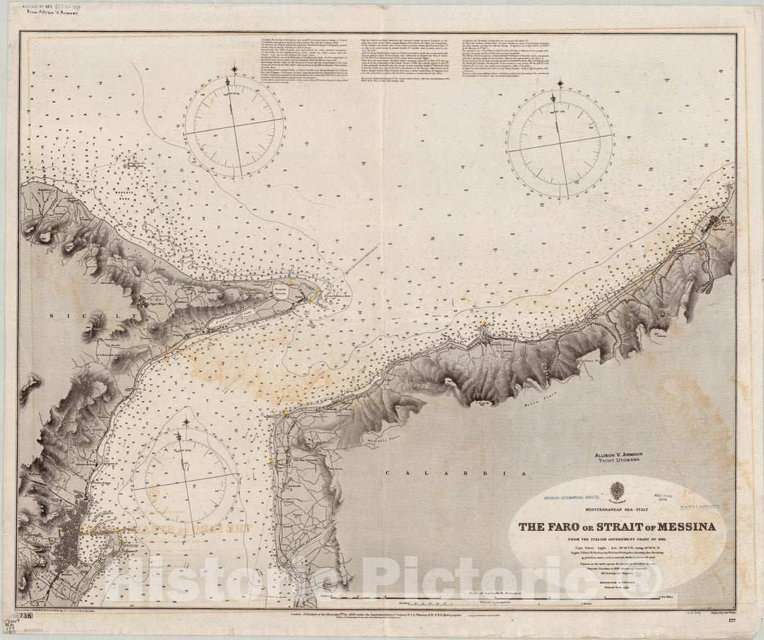 Map : Italy 1907, Mediterranean Sea, Italy, The Faro or Strait of Messina , Antique Vintage Reproduction