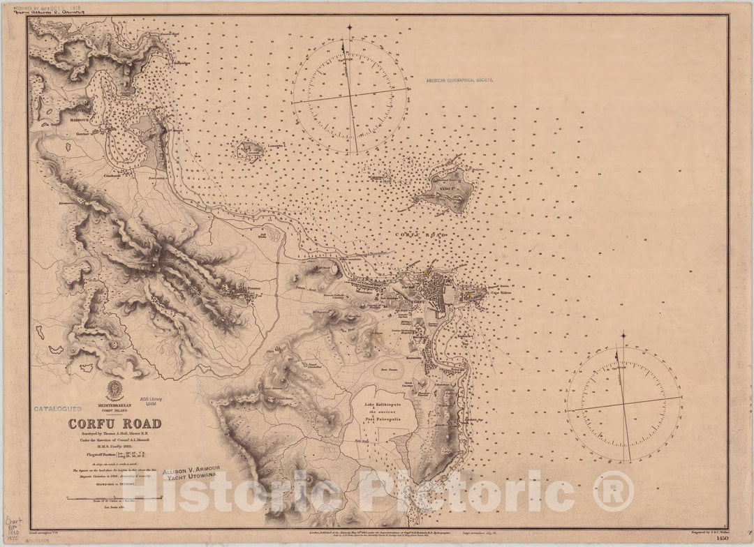 Map : Corfu Island, Greece 1872, Mediterranean, Corfu Island, Corfu Road , Antique Vintage Reproduction