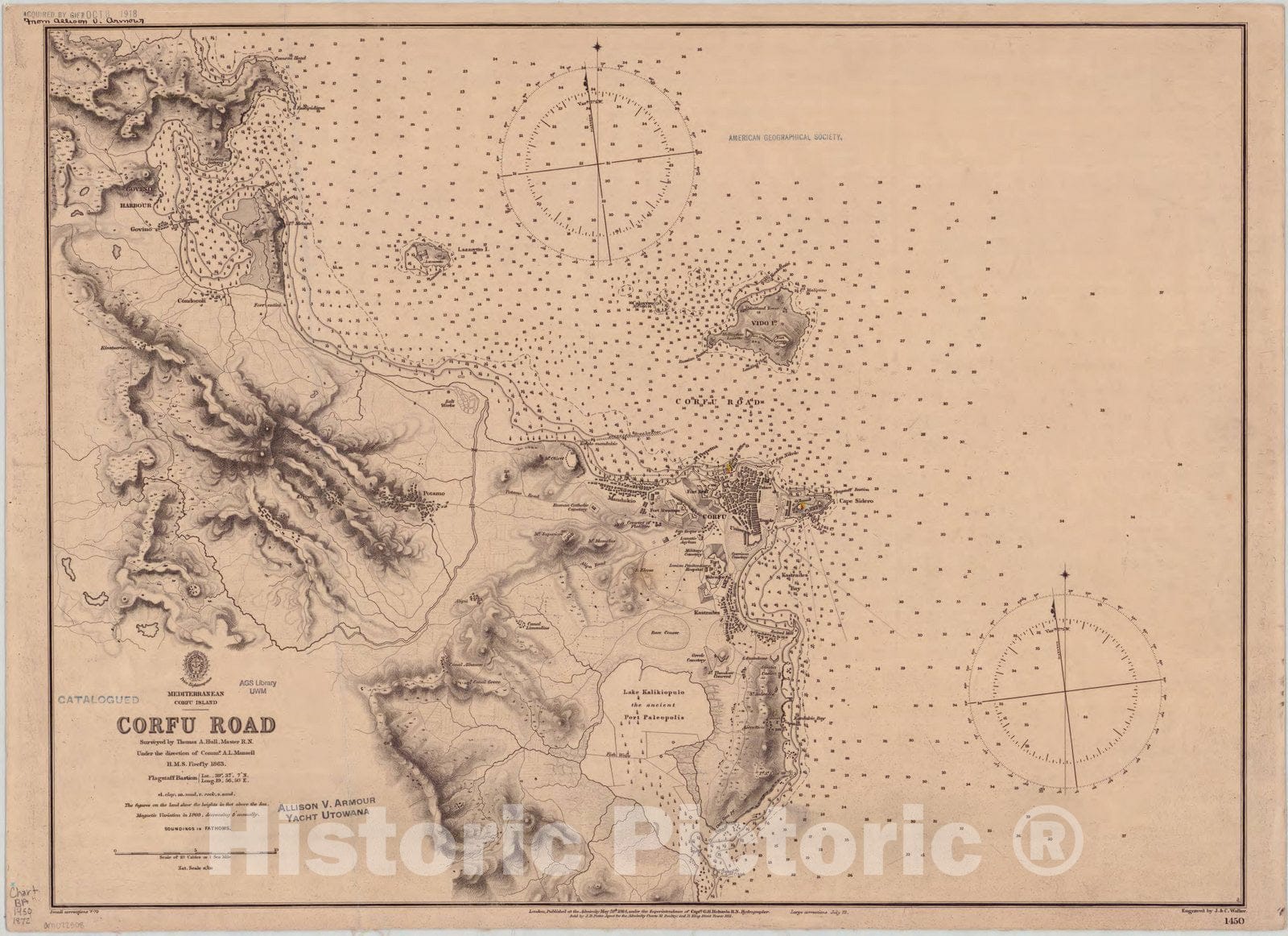 Map : Corfu Island, Greece 1872, Mediterranean, Corfu Island, Corfu Road , Antique Vintage Reproduction