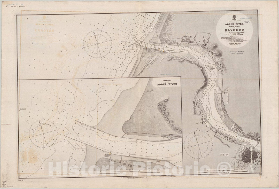 Map : France, west coast 1901, France, west coast, Adour River, from the entrance to Bayonne , Antique Vintage Reproduction