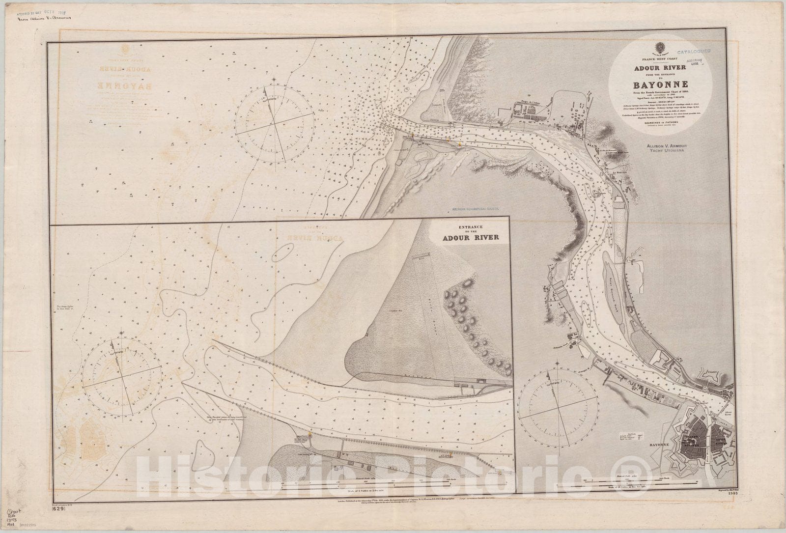 Map : France, west coast 1901, France, west coast, Adour River, from the entrance to Bayonne , Antique Vintage Reproduction