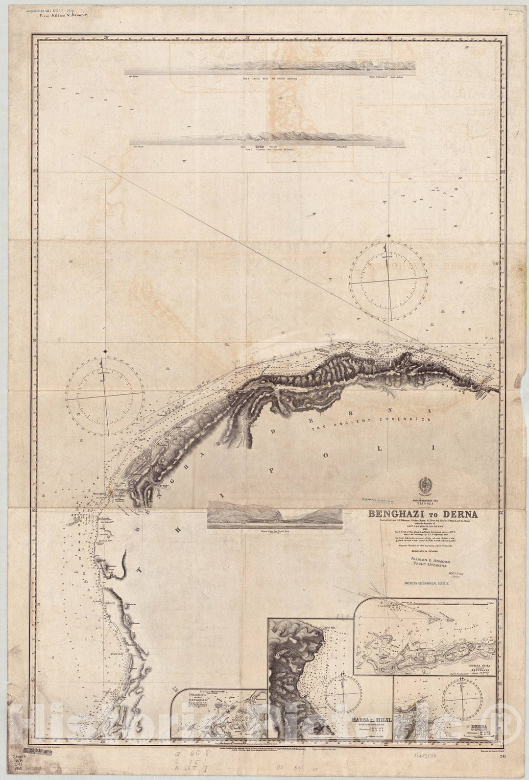 Map : Libya, coast 1900, Mediterranean Sea, Tripoli, Benghazi to Derna , Antique Vintage Reproduction