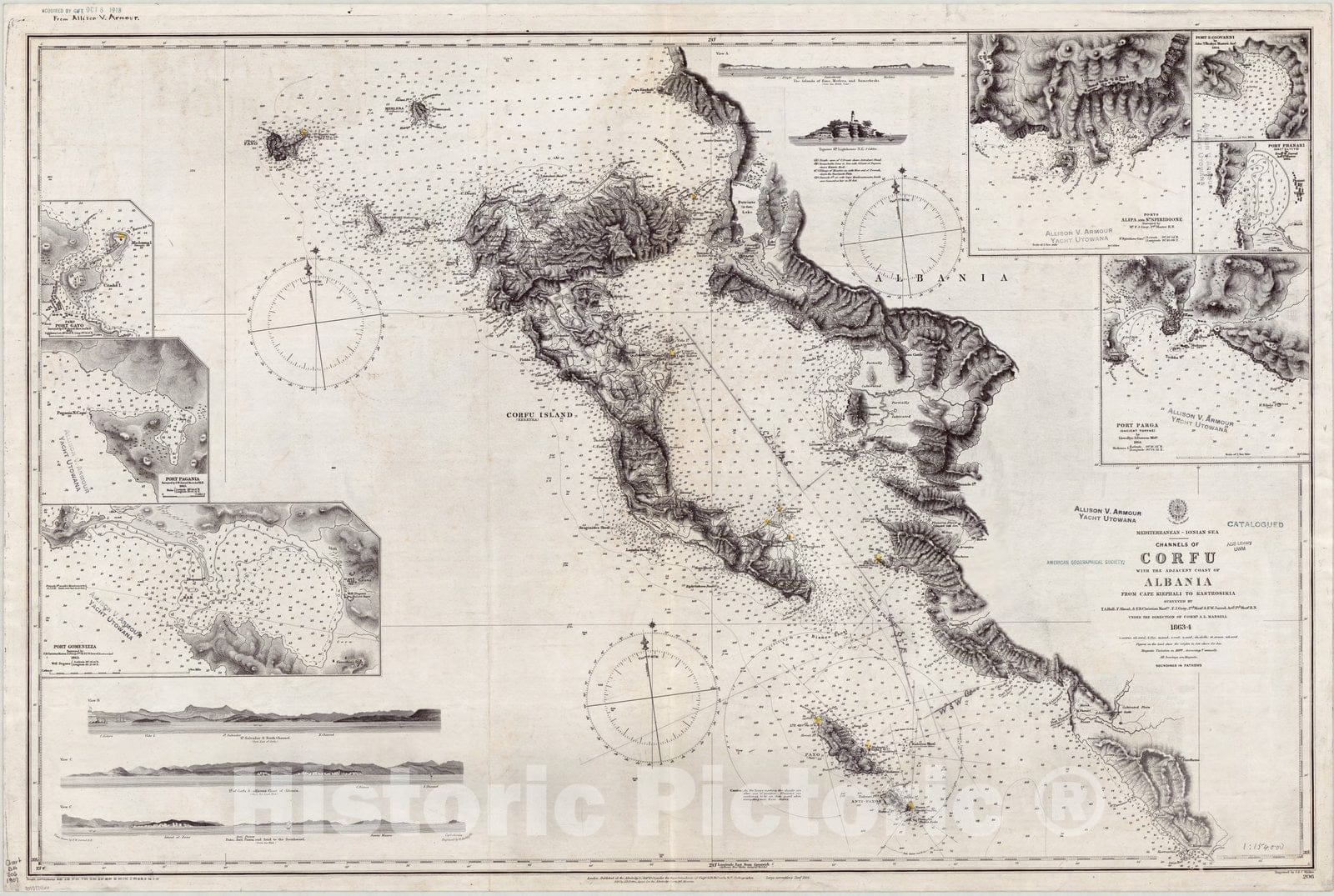 Map : Corfu 1907, Mediterranean, Ionian Sea, Channels of Corfu, with the adjacent coast of Albania, from Cape Kiephali to Kastrosikia , Antique Vintage Reproduction