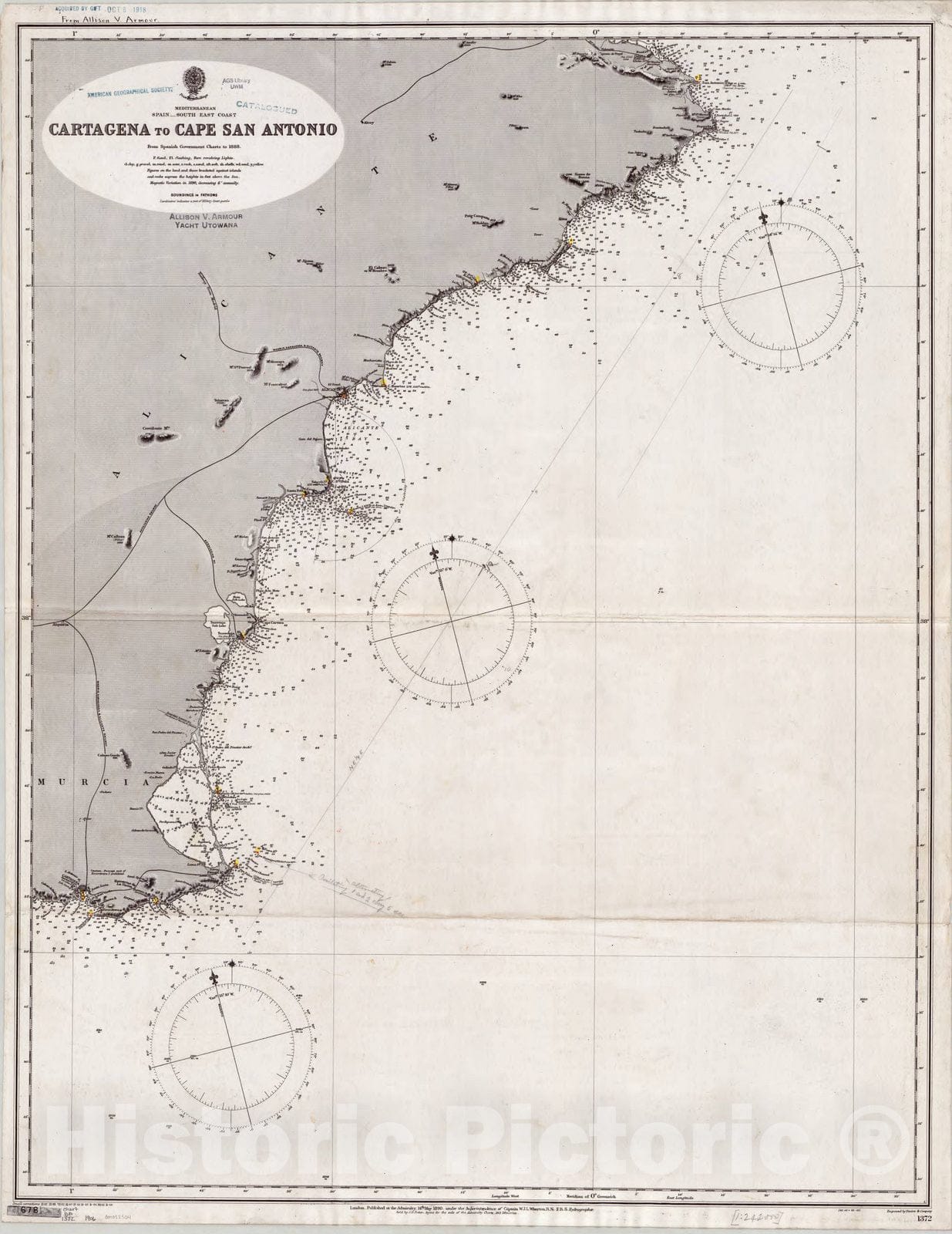 Map : Spain, southeast coast 1906, Mediterranean, Spain, south east coast, Cartagena to Cape San Antonio , Antique Vintage Reproduction