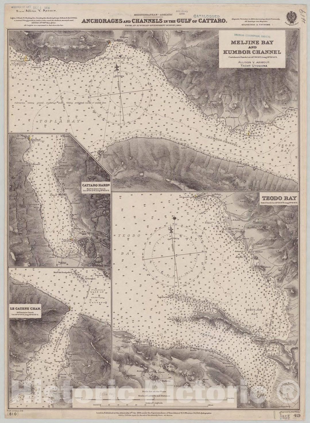 Map : Adriatic Sea, Gulf of Cattaro 1889, Mediterranean, Adriatic, anchorages and channels in the Gulf of Cattaro , Antique Vintage Reproduction