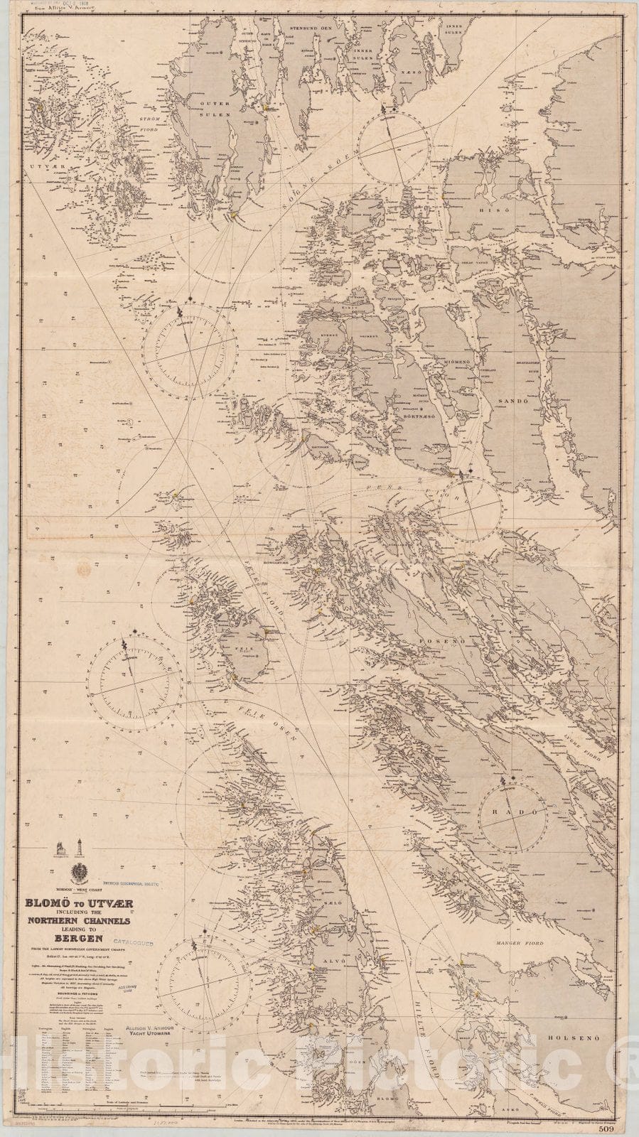 Map : Norway, west coast 1908, Norway, west coast, Blomo to Utvaer, including the northern channels leading to Bergen , Antique Vintage Reproduction