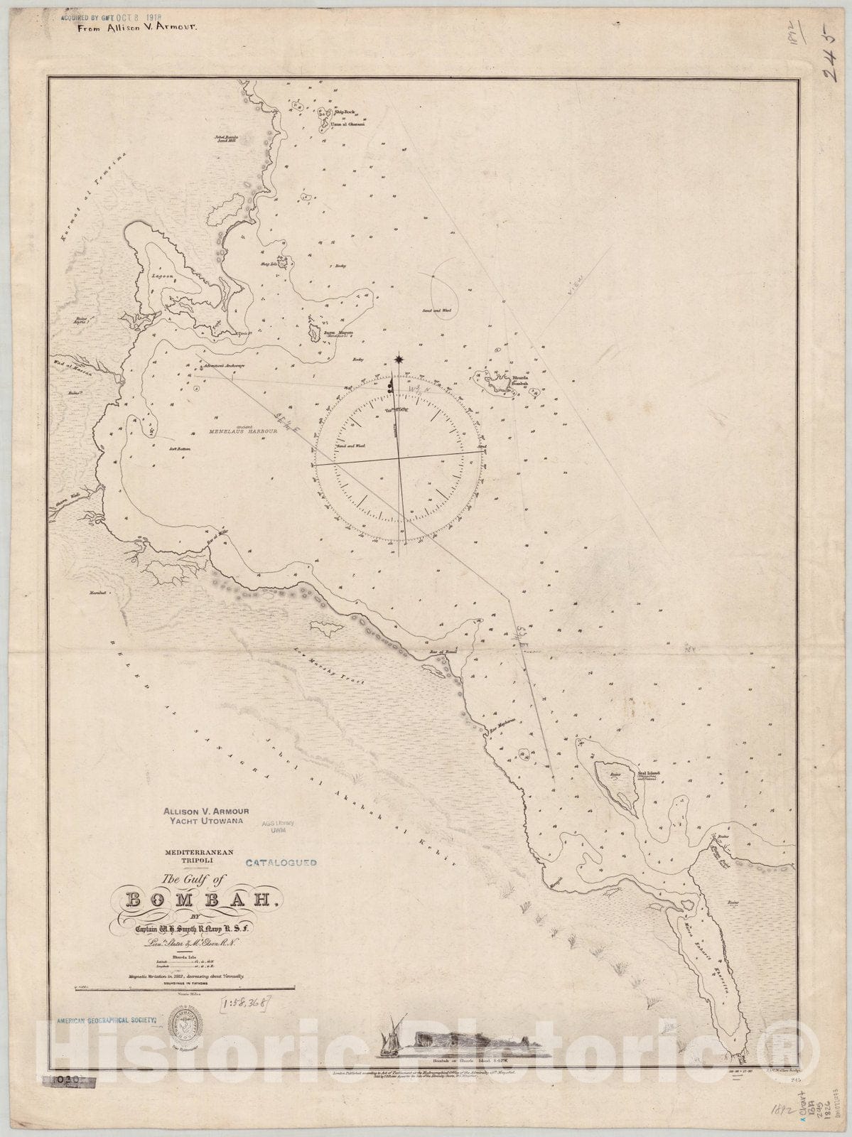 Map : Tripoli, Libya 1826, Mediterranean, Tripoli, the Gulf of Bombah , Antique Vintage Reproduction