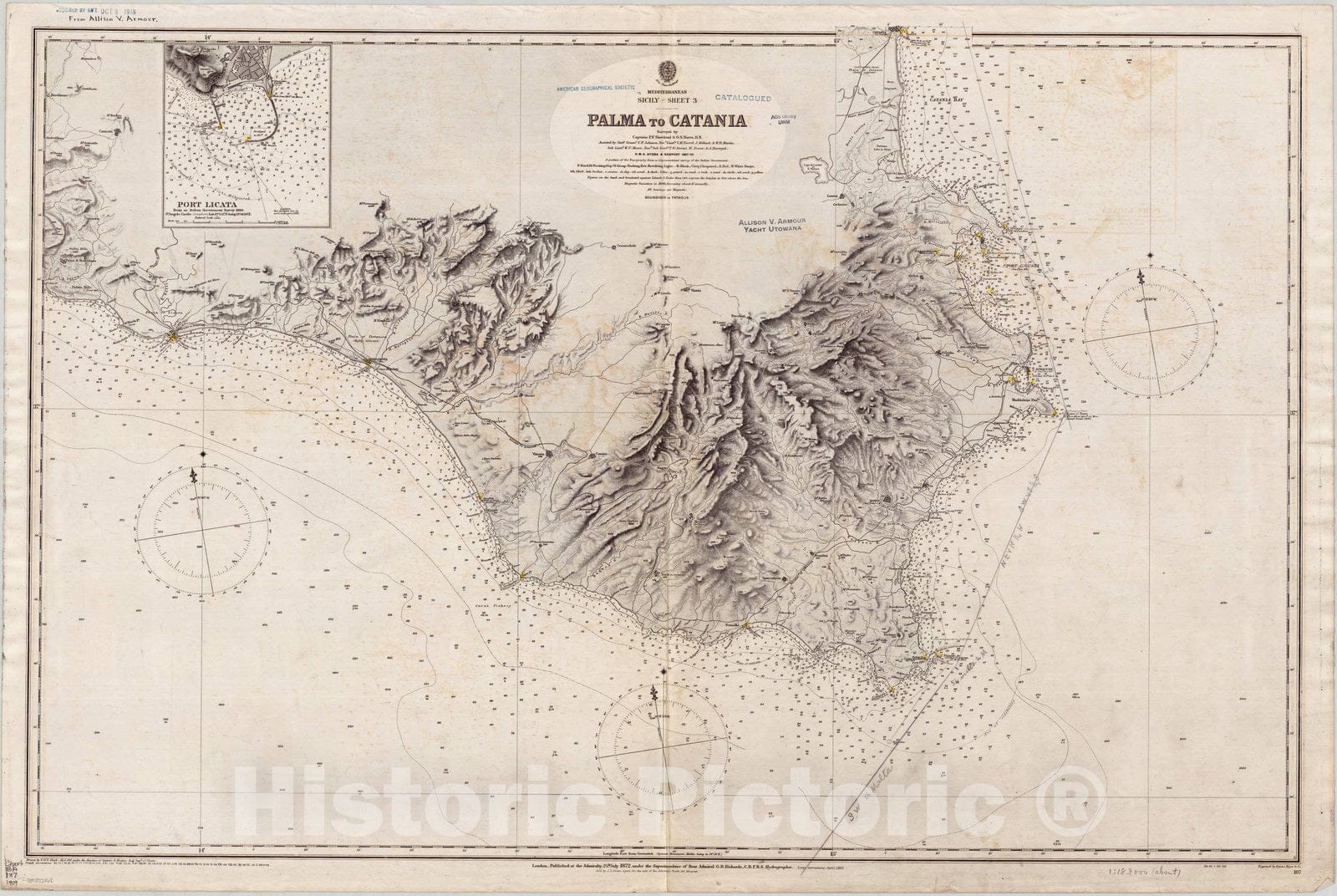 Map : Sicily 1909, Mediterranean, Sicily, sheet 3, Palma to Catania , Antique Vintage Reproduction