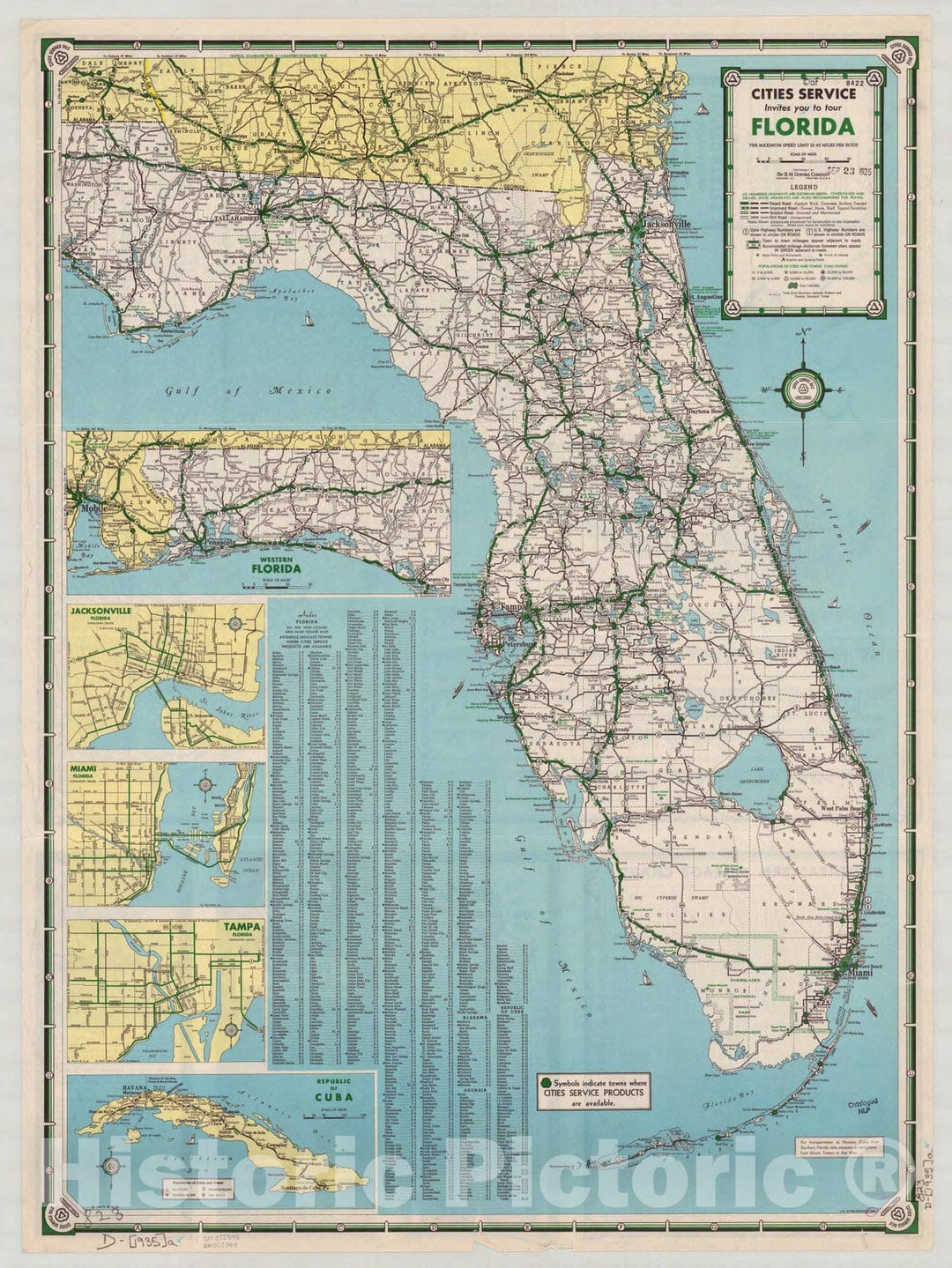 Map : Florida 1935 1, Road map of Florida and the Southeastern States , Antique Vintage Reproduction