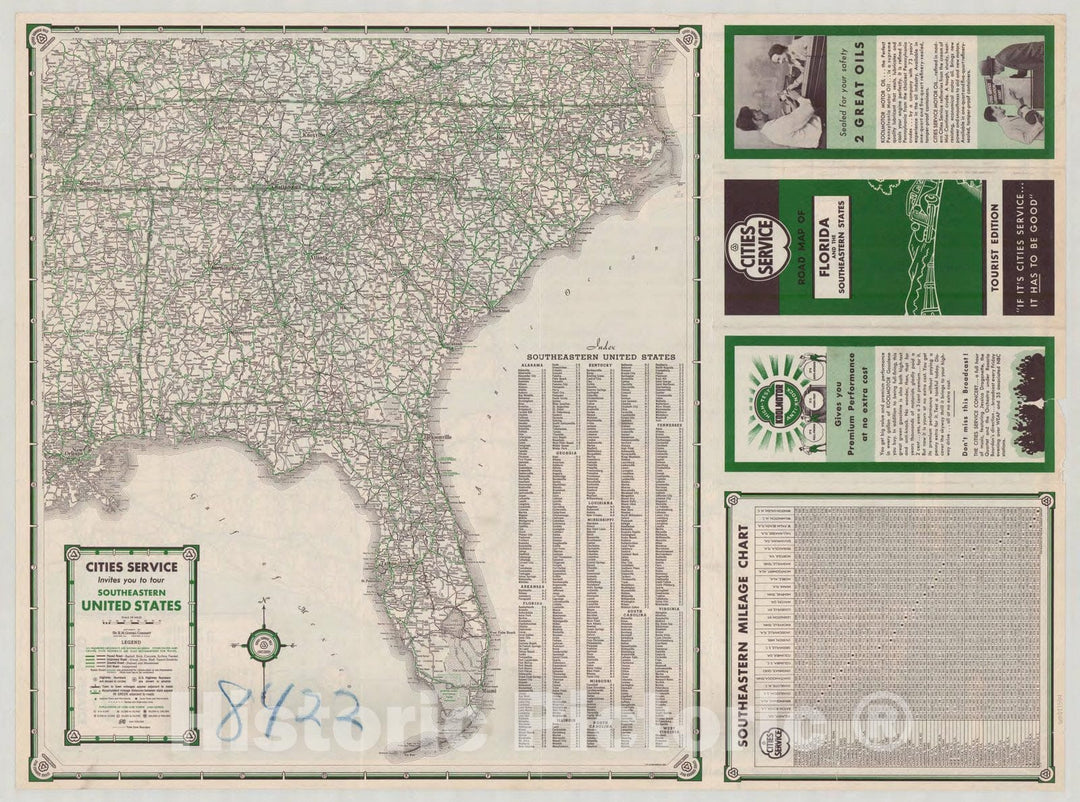 Map : Florida 1935 2, Road map of Florida and the Southeastern States , Antique Vintage Reproduction