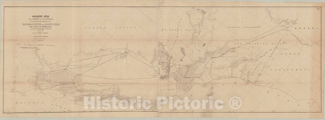 Map : California 1855 1, General map of a survey in California : in connection with examinations for railroad routes to the Pacific Ocean , Antique Vintage Reproduction