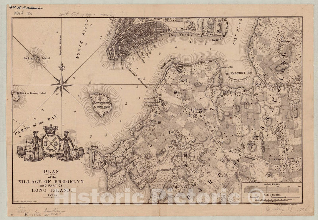 Map : Brooklyn, New York 1766 1864, Plan of the village of Brooklyn and part of Long Island 1766, Antique Vintage Reproduction