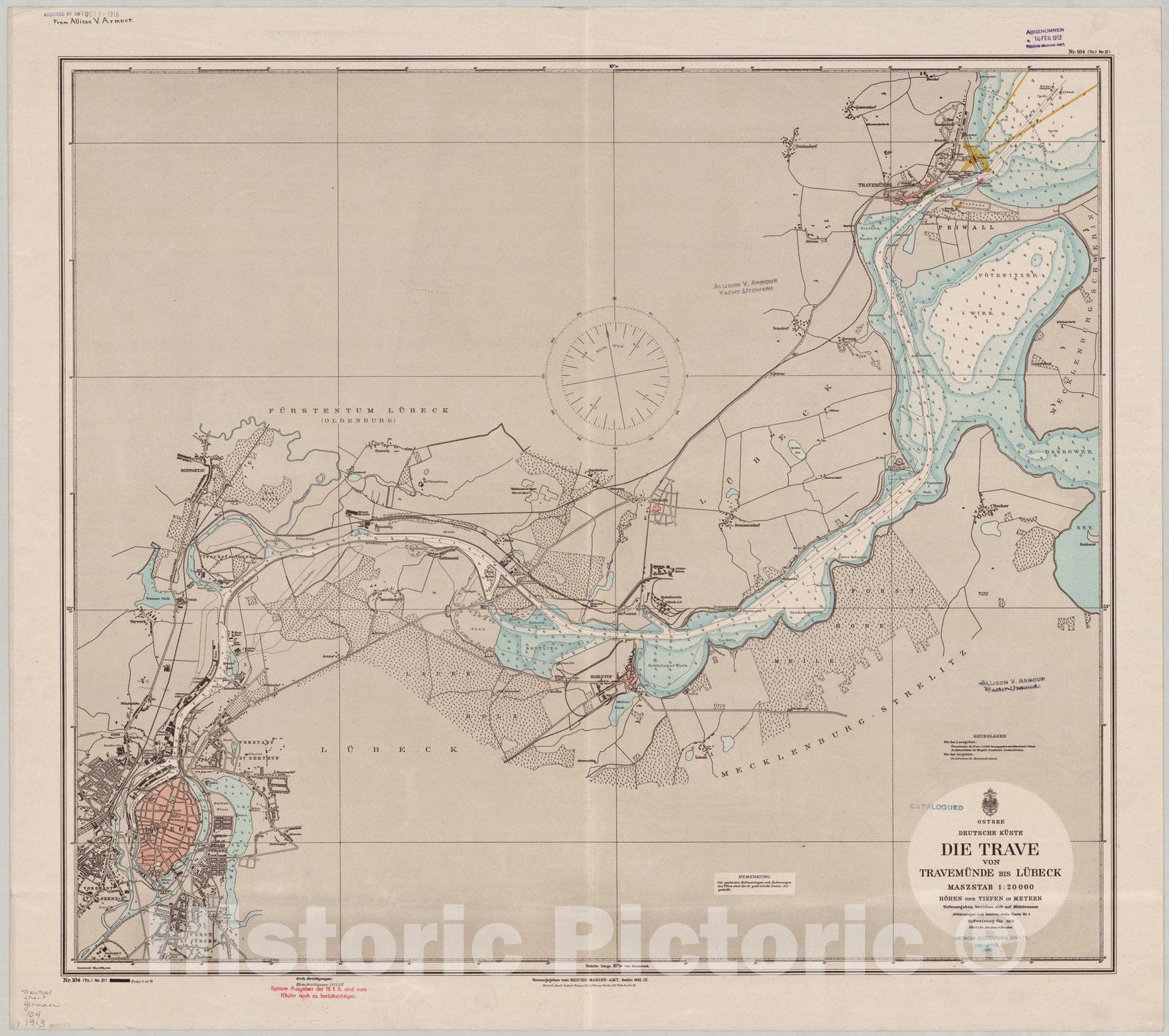 Map : Trave River, Germany 1913, Ostsee, Deutsche kuste : Die Trave von Travemunde bis Lubeck , Antique Vintage Reproduction