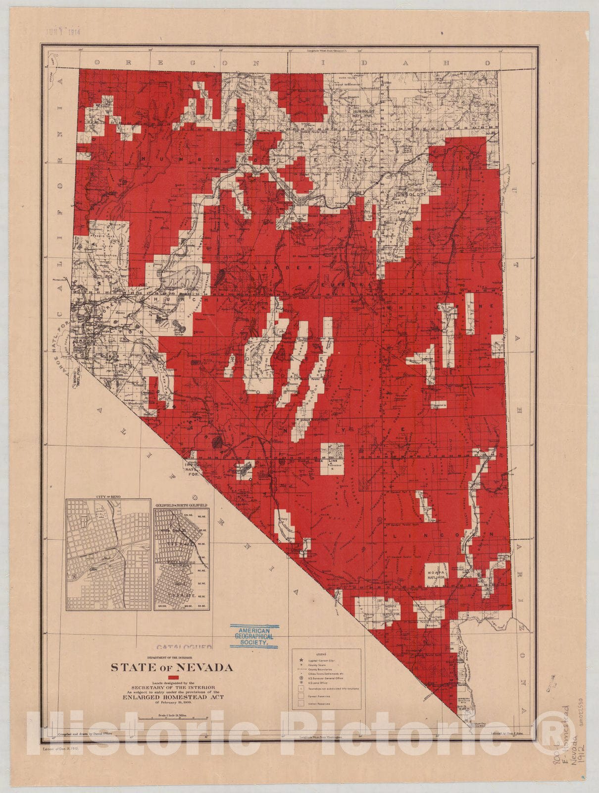 Historic Map : Nevada 1912 1, State of Nevada : lands designated by the Secretary of the Interior under the provisions of the enlarged Homestead Act of February 19, 1909