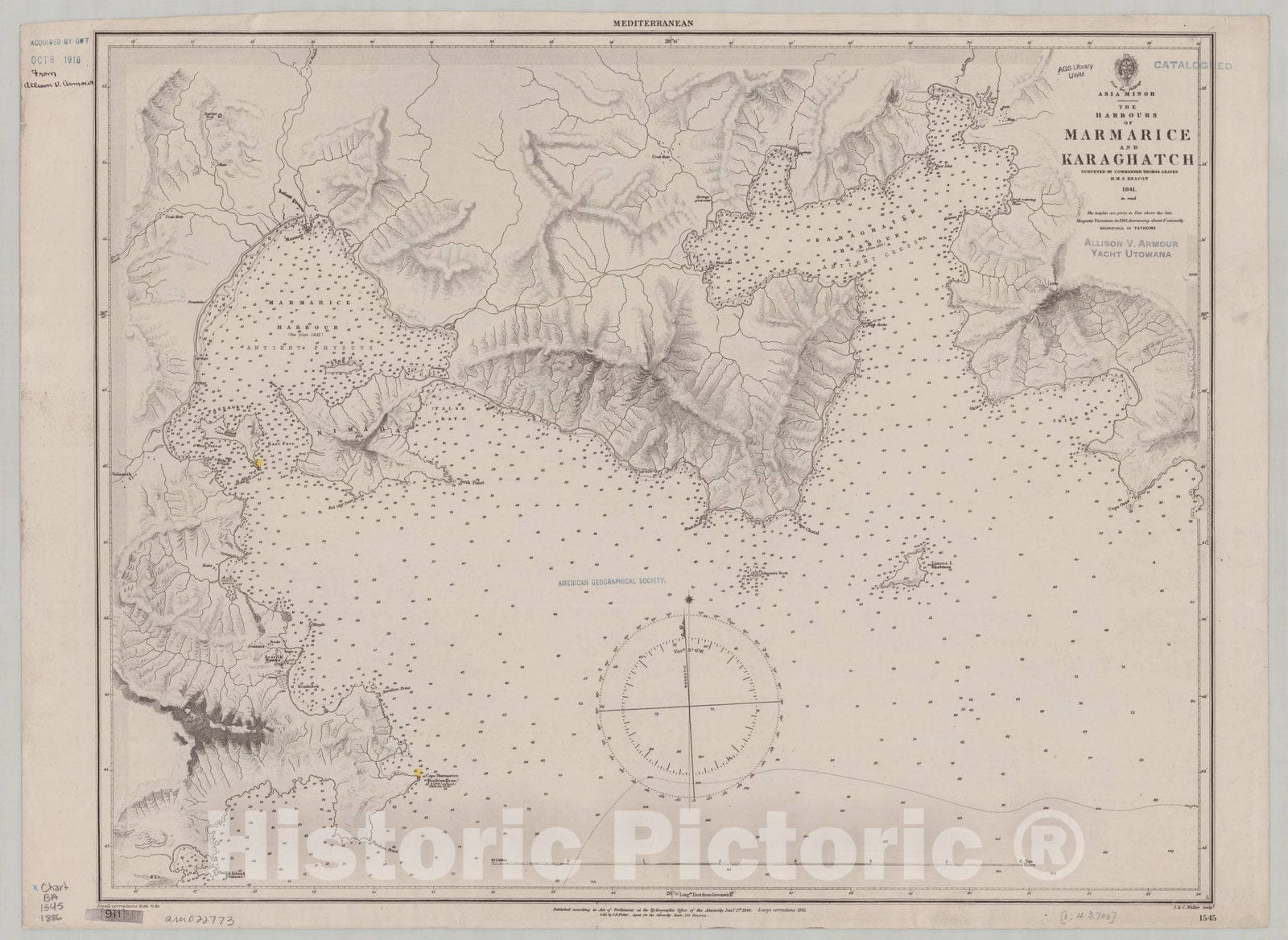 Map : Marmaris, Turkey 1886, Asia Minor, the Harbours of Marmarice and Karaghatch , Antique Vintage Reproduction