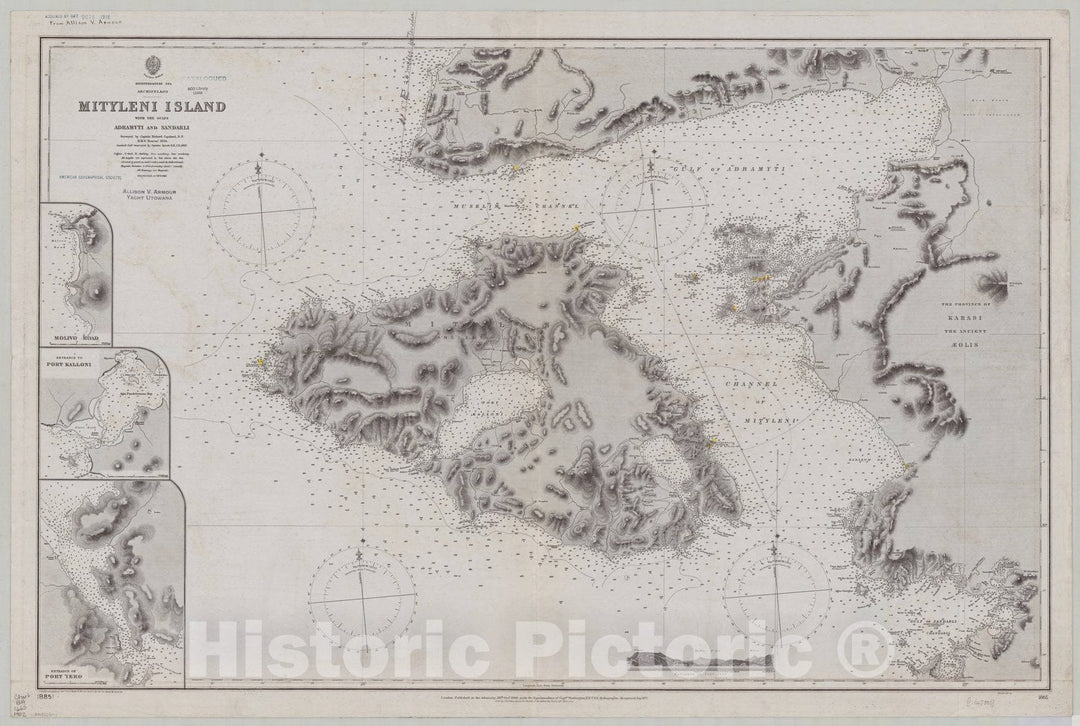 Map : Turkey coast 1902, Mediterranean Sea Archipelago, Mityleni Island, with the Gulfs Adramyti and Sandarli , Antique Vintage Reproduction