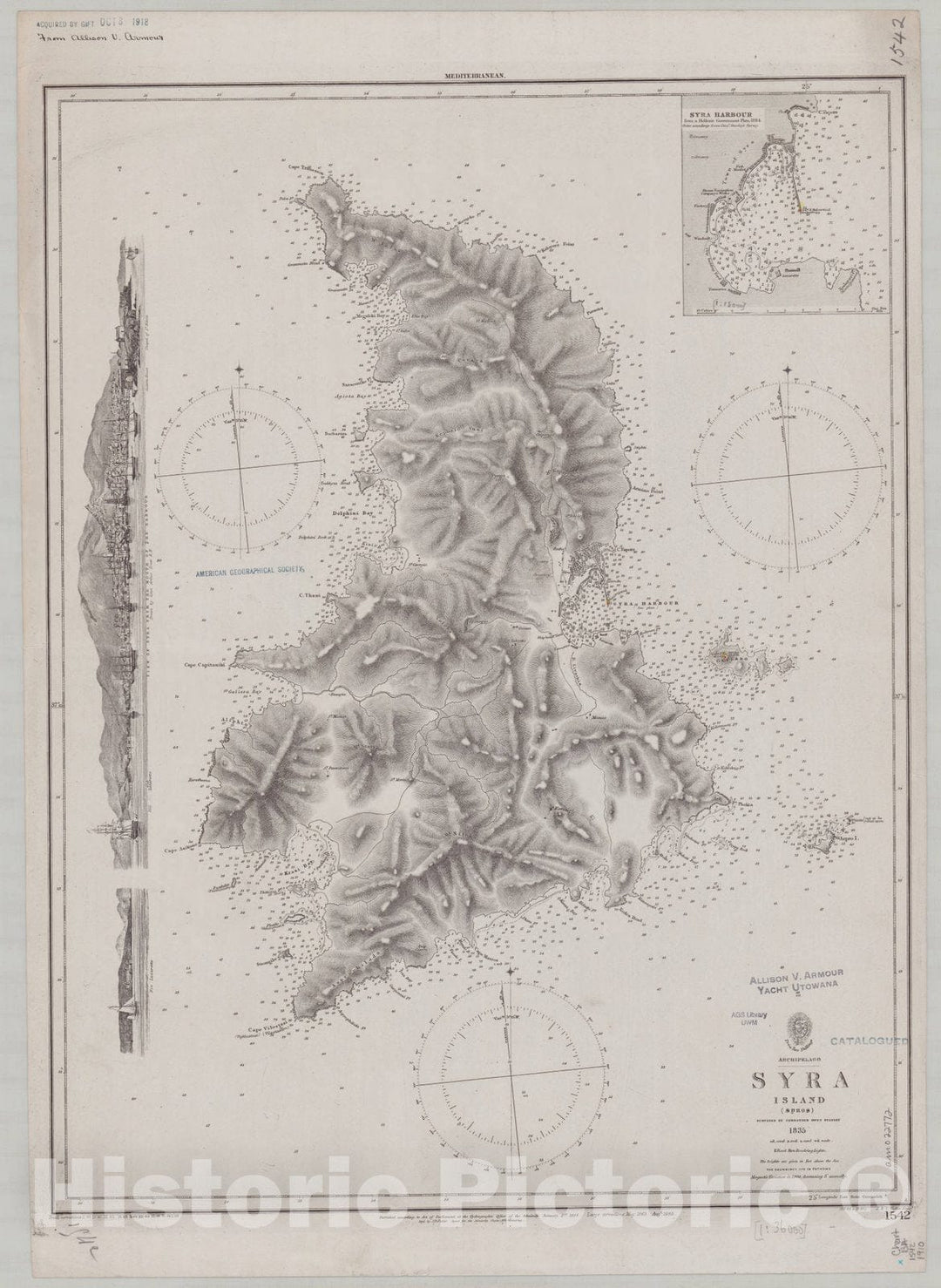 Map : Syros Island, Greece 1910, Archipelago, Syra Island (Spros) , Antique Vintage Reproduction