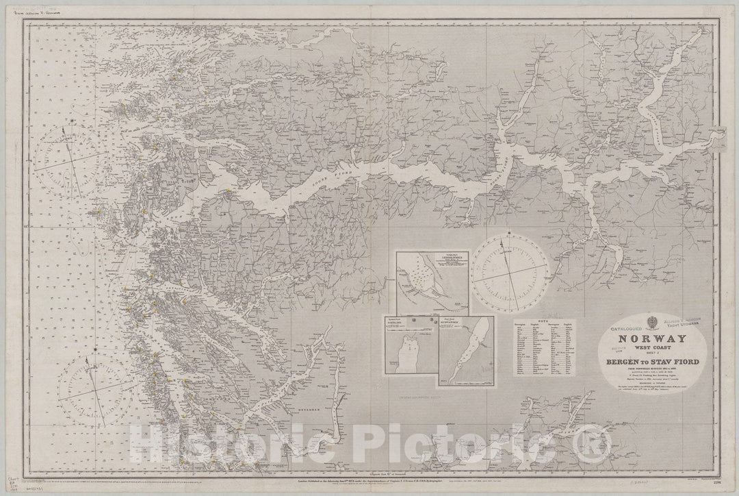 Map : Bergen, Norway 1909, Norway, west coast, sheet 2, Bergen to Stav Fiord , Antique Vintage Reproduction