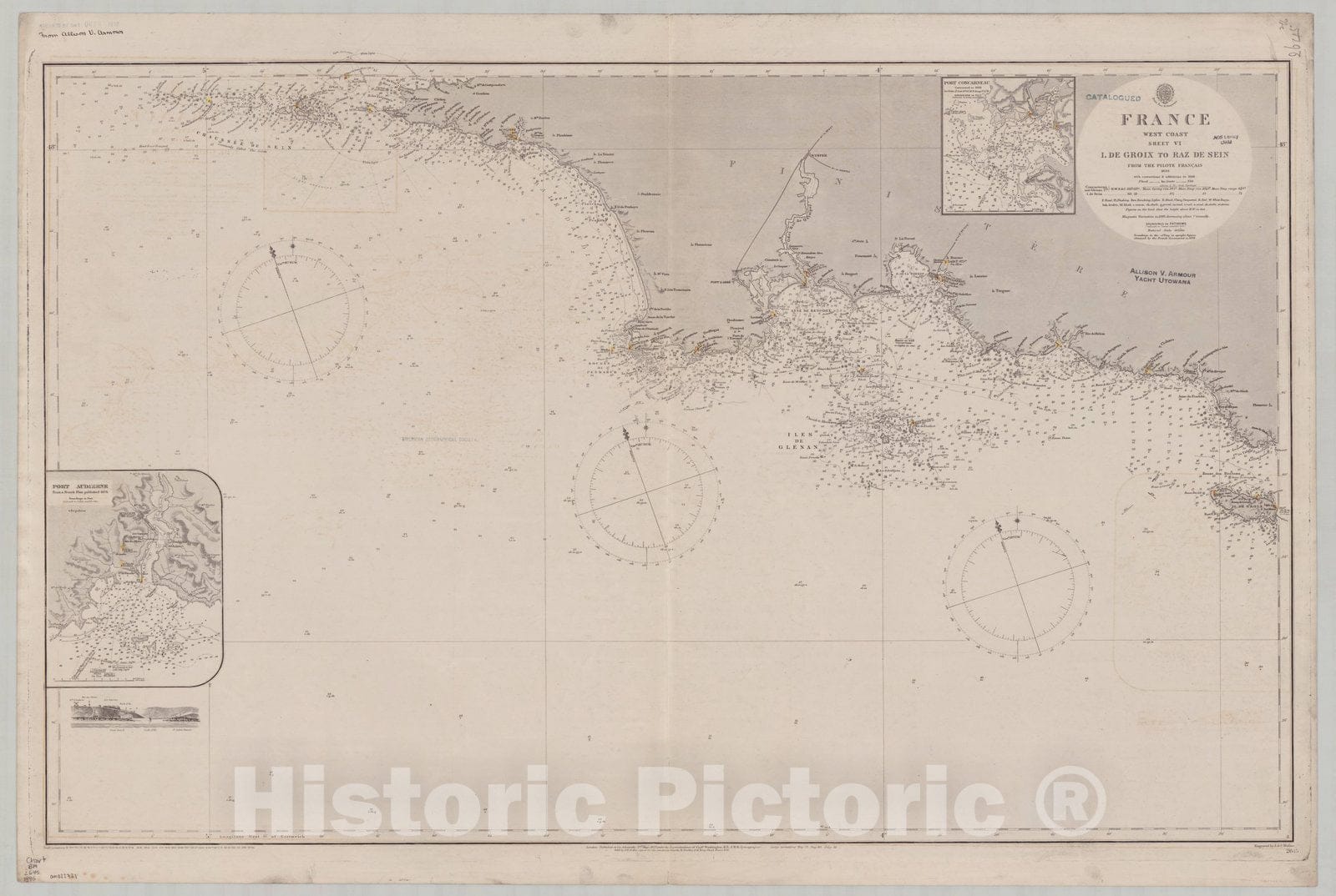 Map : France, west coast 1894, France, west coast, sheet VI, I. de Groix to Raz de Sein , Antique Vintage Reproduction