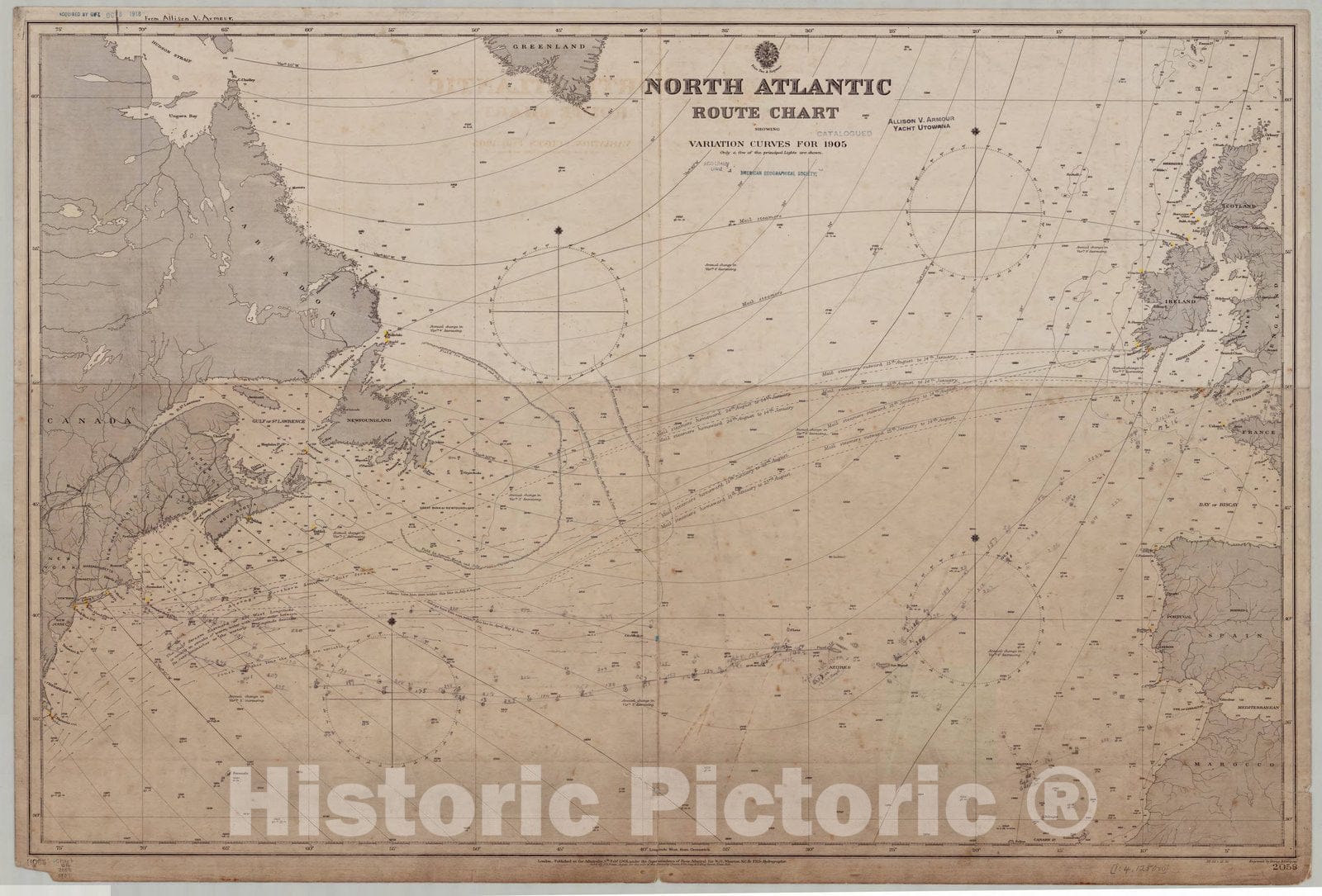 Map : North Atlantic Ocean 1901, North Atlantic route chart, showing variation curves for 1905 , Antique Vintage Reproduction