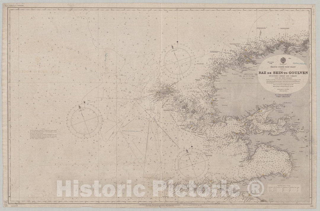 Map : France 1890, France, north west coast, sheet VII, Raz de Sein to Goulven, including Brest and Ushant , Antique Vintage Reproduction