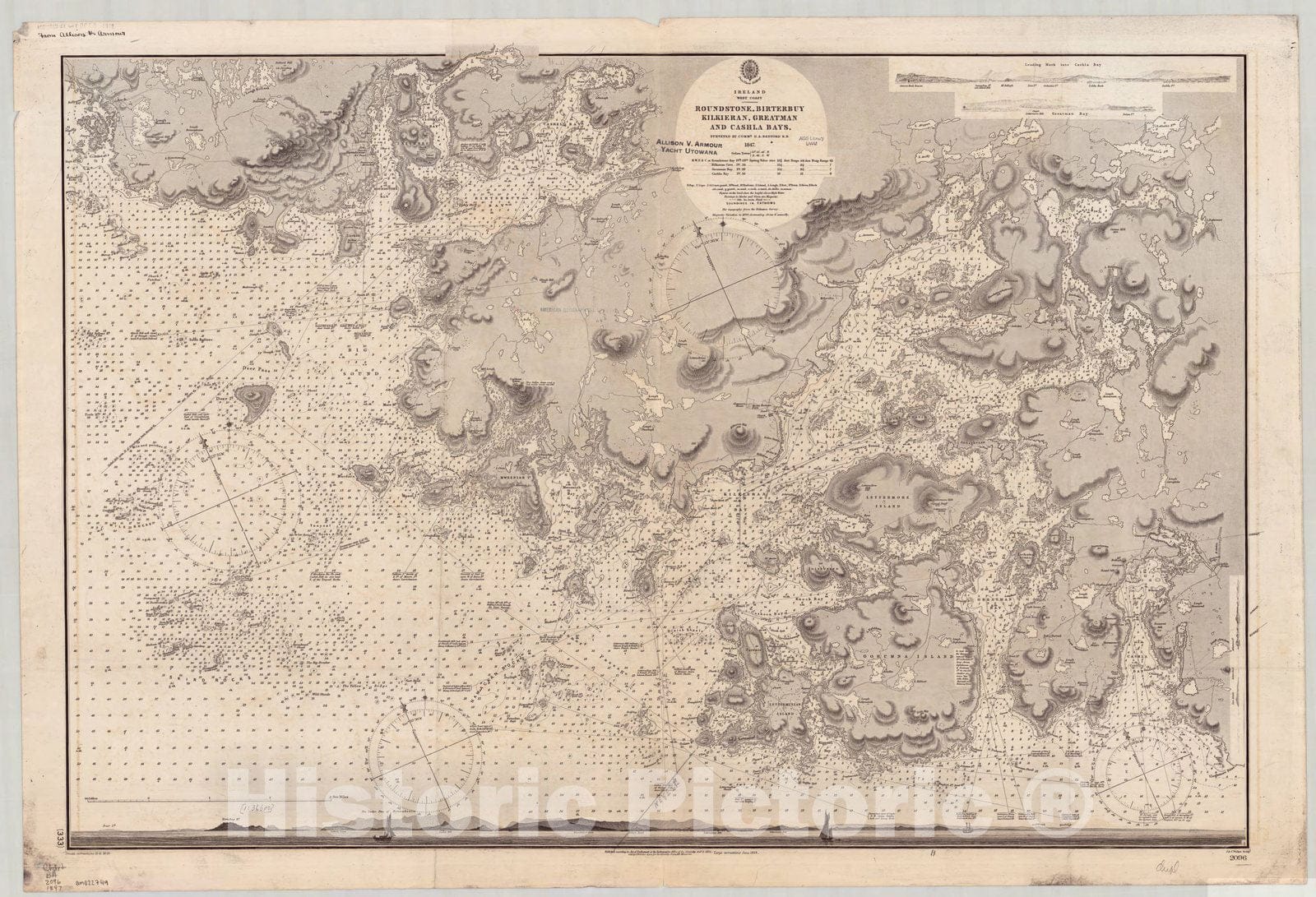 Map : Ireland, west coast 1897, Ireland, west coast, Roundstone, Birterbuy Kilkieran, Greatman and Cashla Bays , Antique Vintage Reproduction