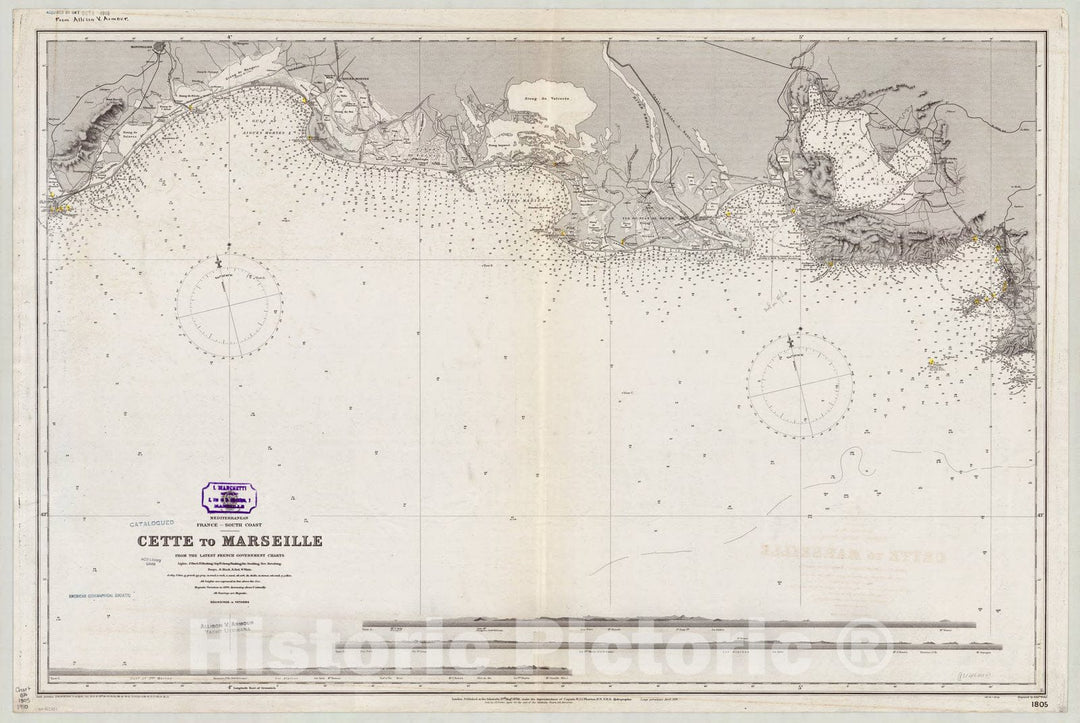 Map : France, south coast 1910, Mediterranean, France, south coast, Cette to Marseille , Antique Vintage Reproduction