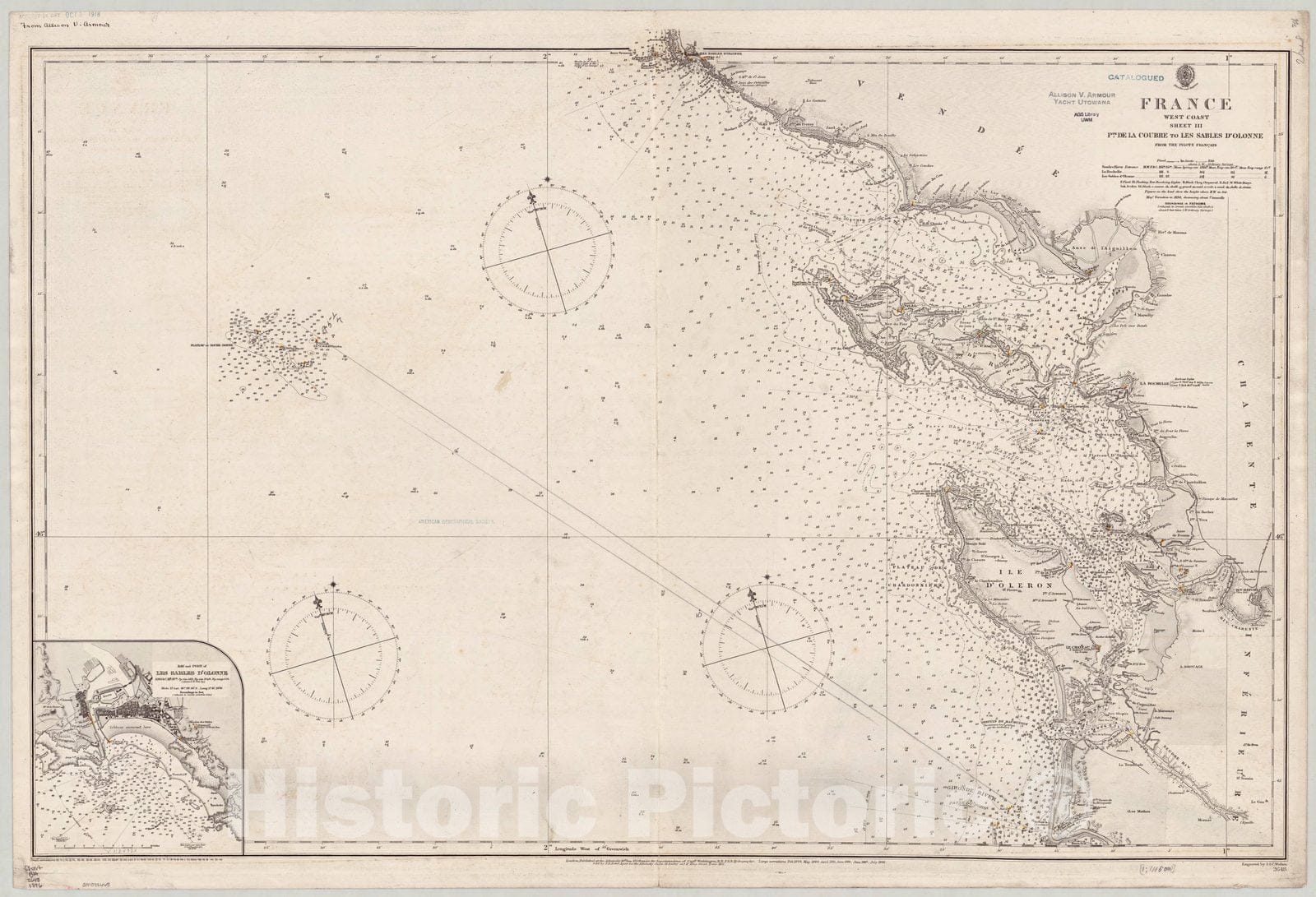 Map : France west coast 1896, France, west coast, sheet III, Pte. de la Coubre to Les Sables d'Olonne , Antique Vintage Reproduction