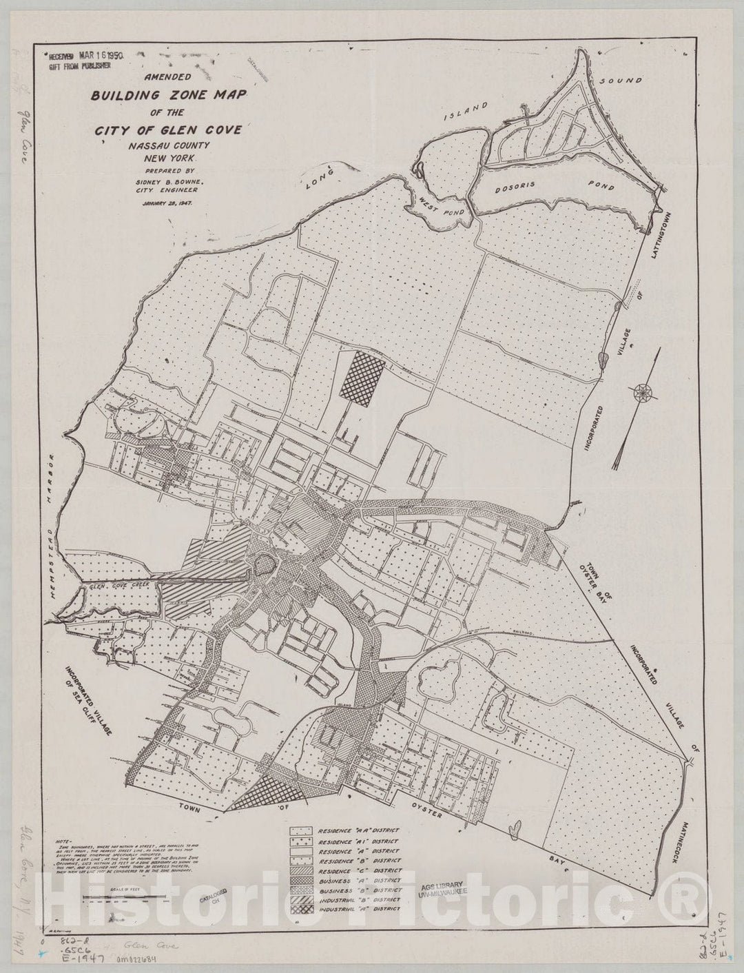 Map : Glen Cove, New York 1947, Amended building zone map of the city of Glen Cove, Nassau County, New York , Antique Vintage Reproduction