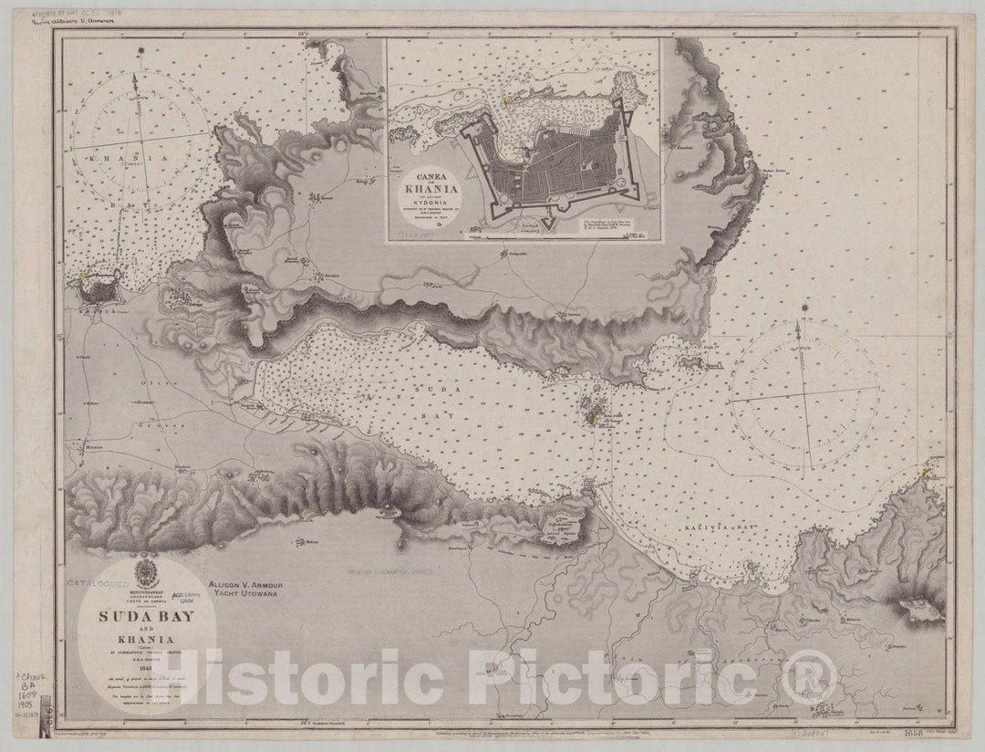 Map : Greece 1905, Mediterannean Archipelago, Crete or Candia, Suda Bay and Khania (Canea) , Antique Vintage Reproduction