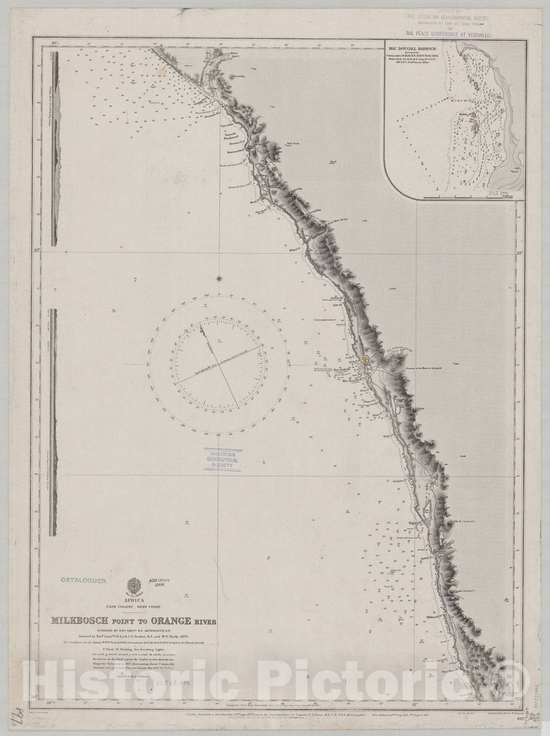 Map : Cape Colony, South Africa 1913, Africa, Cape Colony, west coast, Milkbosch Point to Orange River , Antique Vintage Reproduction