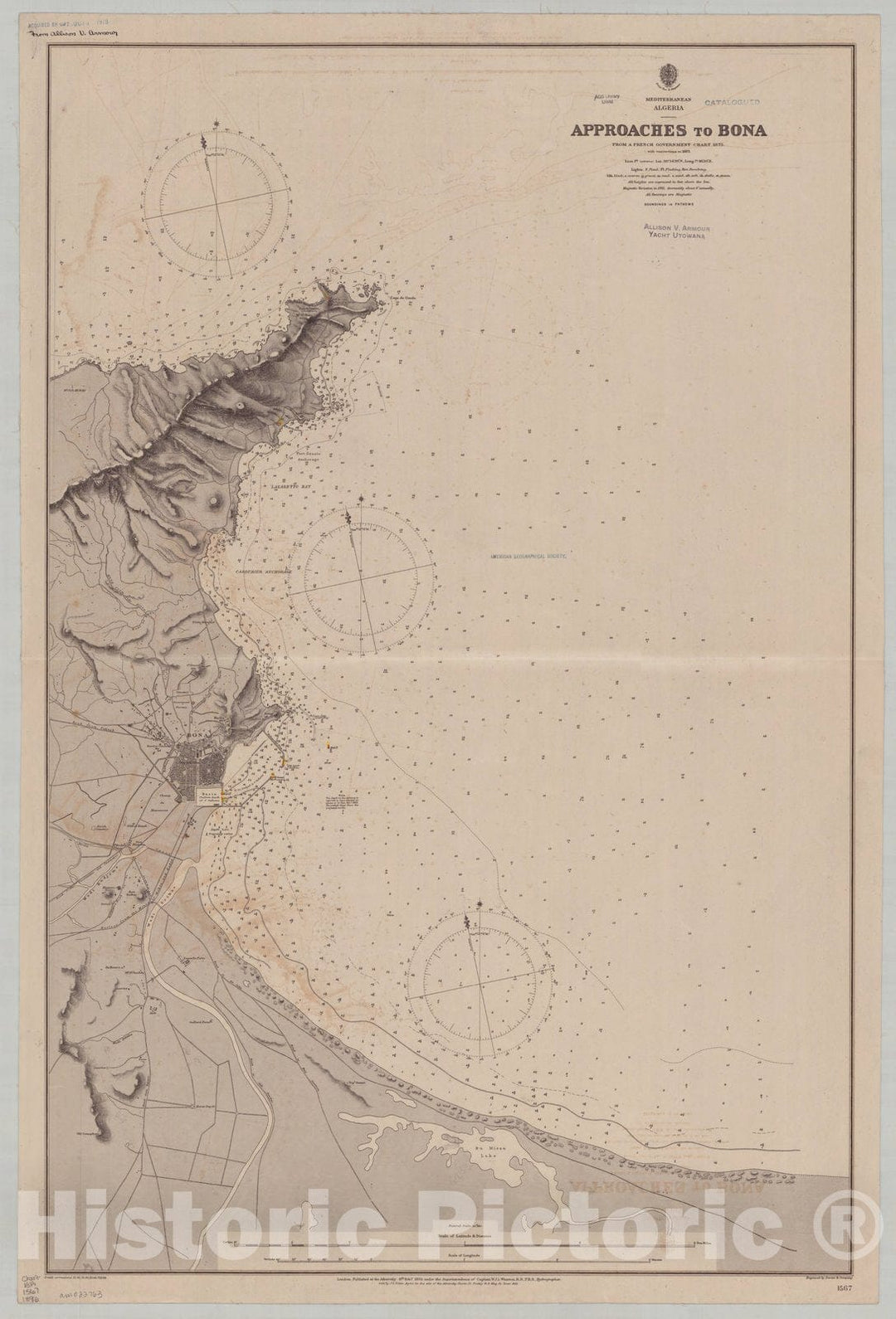 Map : Algeria coast 1896, Mediterranean, Algeria, approaches to Bona , Antique Vintage Reproduction