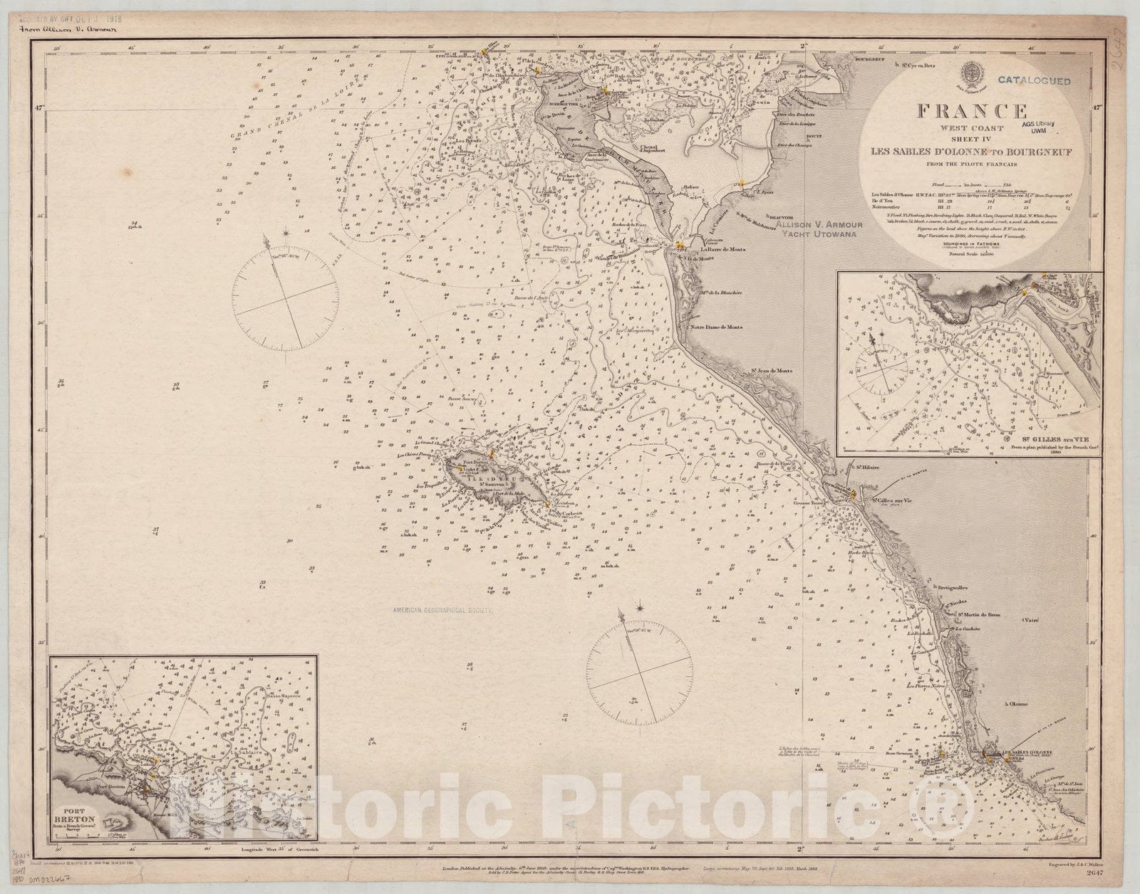 Map : France, west coast 1890, France, west coast, sheet IV, les Sables d'Olonne to Bourgneuf , Antique Vintage Reproduction