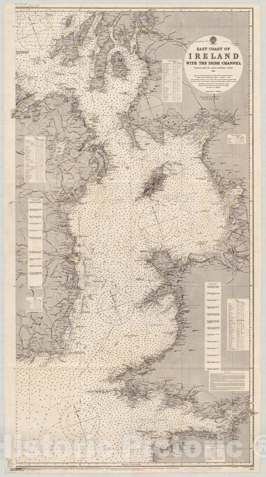 Map : Irish Channel 1909, East coast of Ireland, with the Irish Channel , Antique Vintage Reproduction