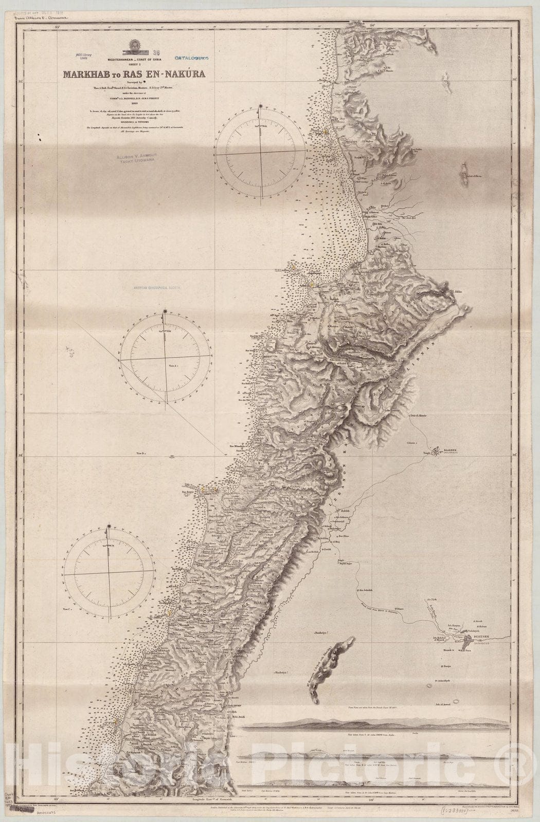 Map : Syria 1895, Mediterranean, coast of Syria, Sheet 2, Markhab [Castle] to Ras En-Nakura , Antique Vintage Reproduction