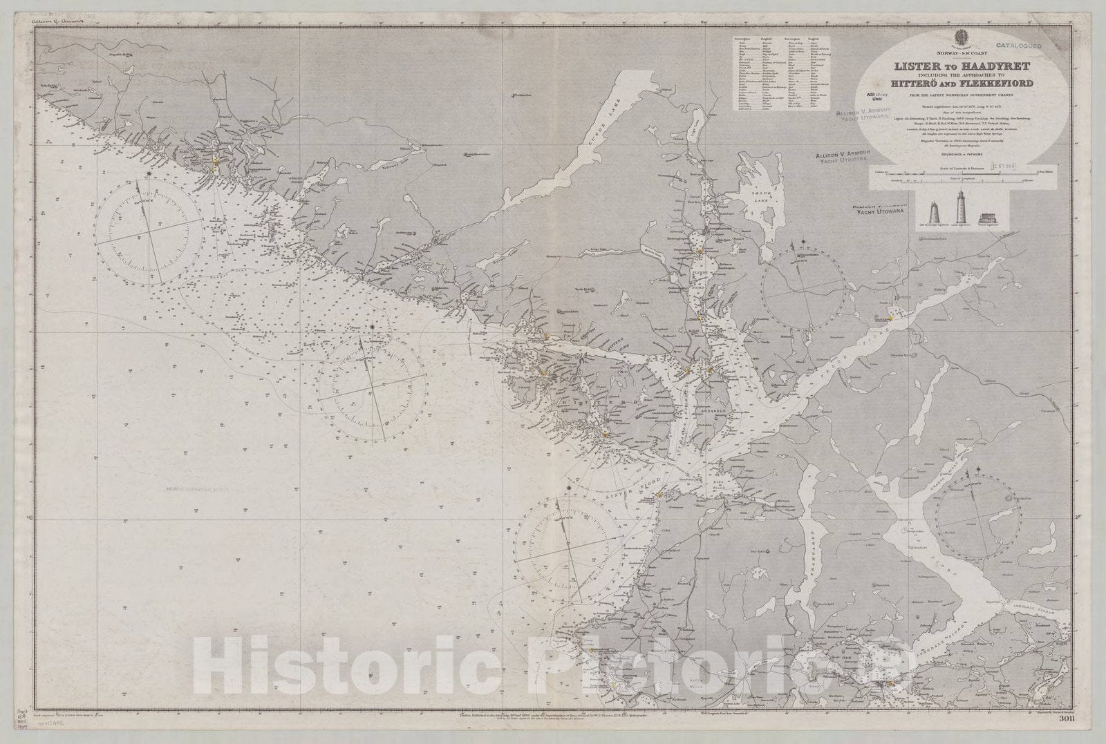 Map : Norway, southwest coast 1909, Norway, s.w. coast, Lister to Haadyret, including the approaches to Hittero and Flekkefiord , Antique Vintage Reproduction