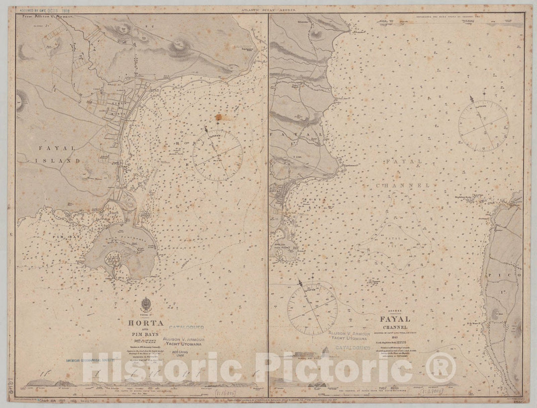 Map : Azores 1882, Atlantic Ocean, Azores, Fayal Id., Horta and Pim Bays, Azores, Fayal Channel , Antique Vintage Reproduction