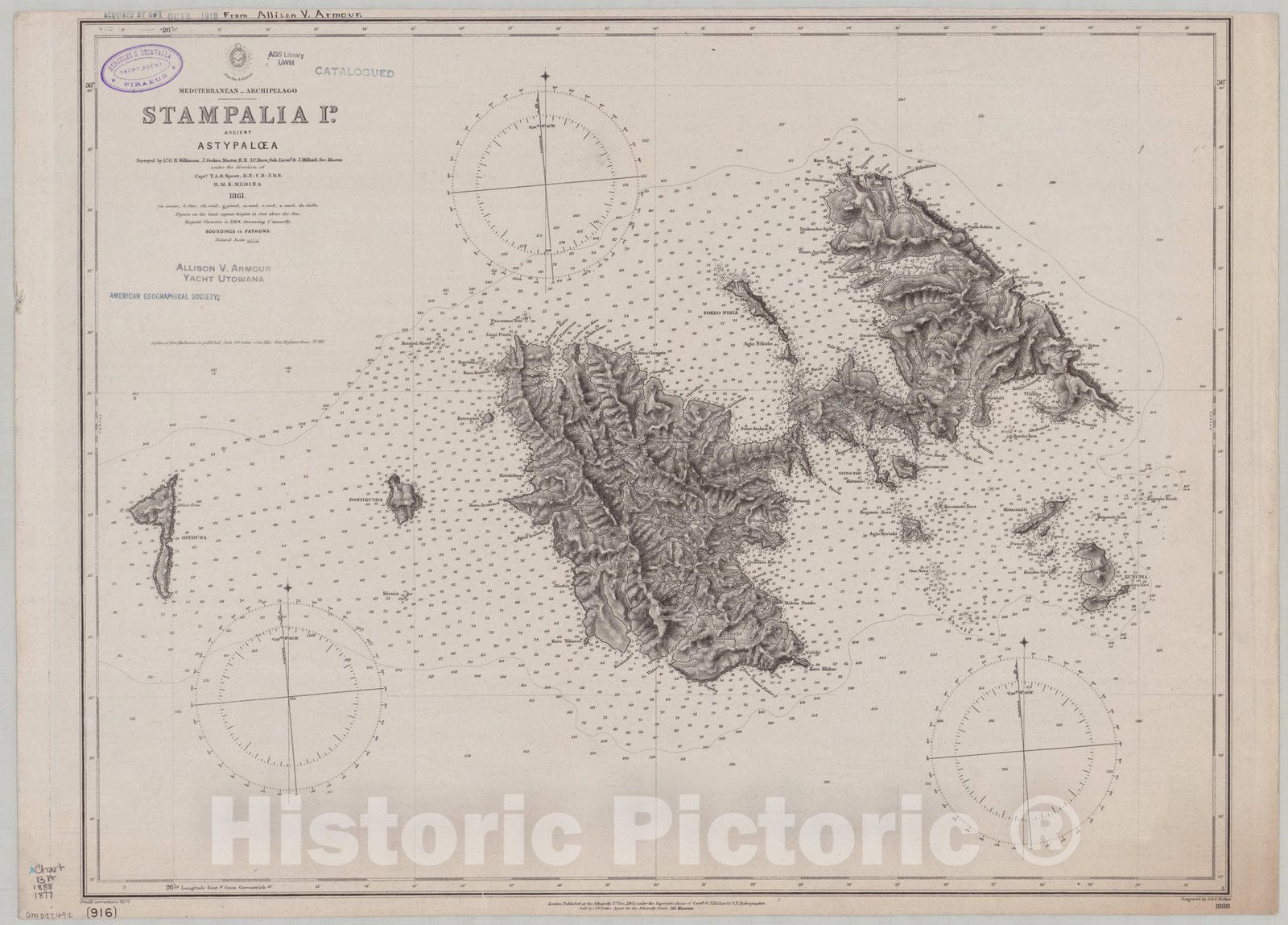 Map : Astypalaia, Greece 1877, Mediterranean Archipelago, Stampalia Id., ancient Astypal/u0153la , Antique Vintage Reproduction