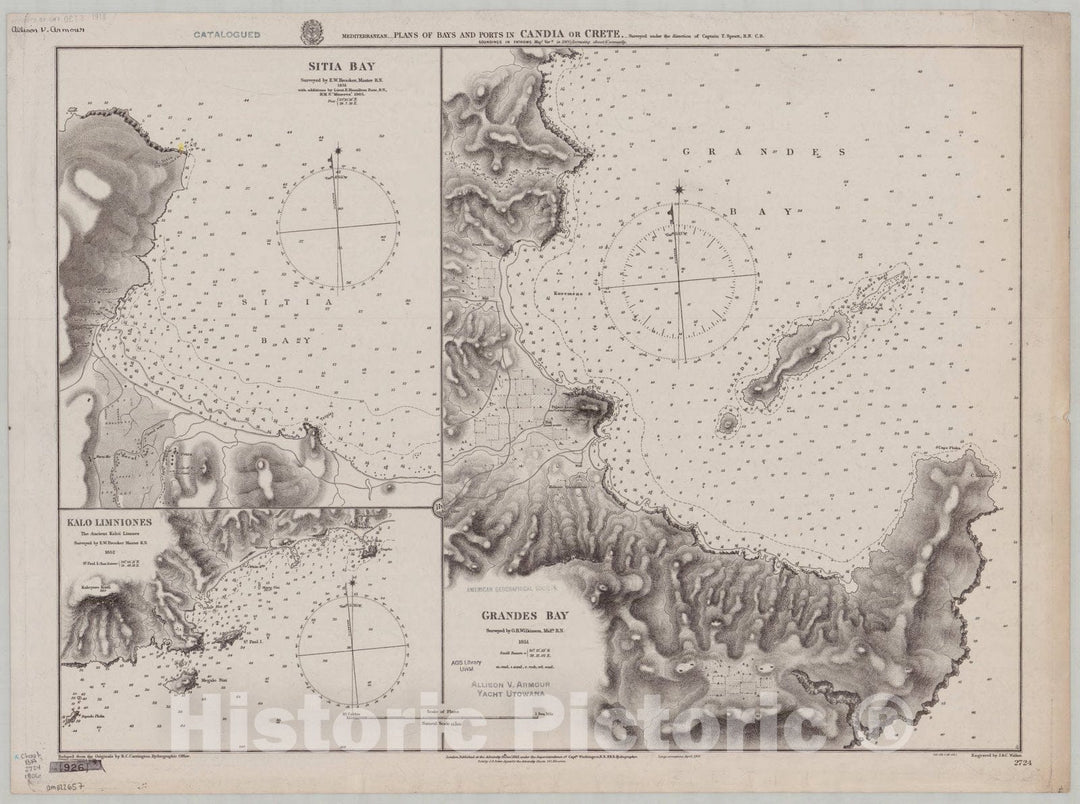 Map : Greece 1906, Mediterranean, plans of bays and ports in Candia or Crete , Antique Vintage Reproduction