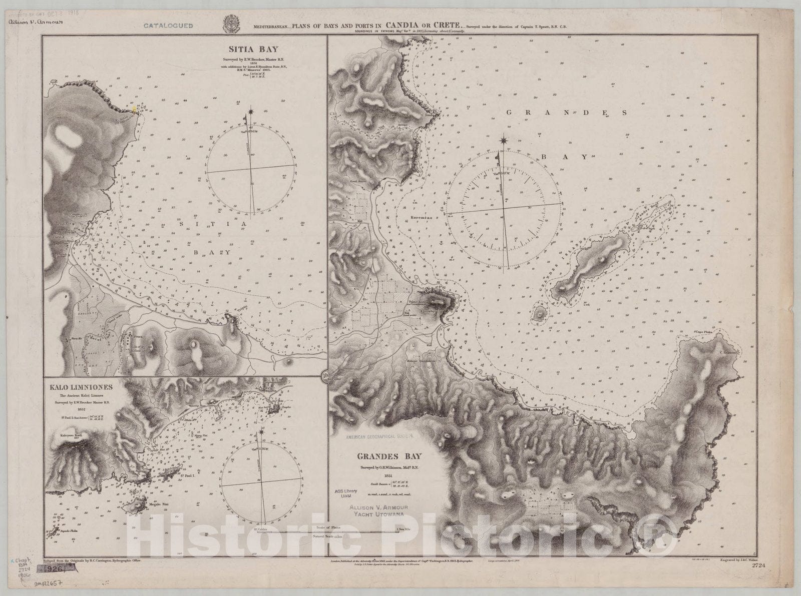 Map : Greece 1906, Mediterranean, plans of bays and ports in Candia or Crete , Antique Vintage Reproduction