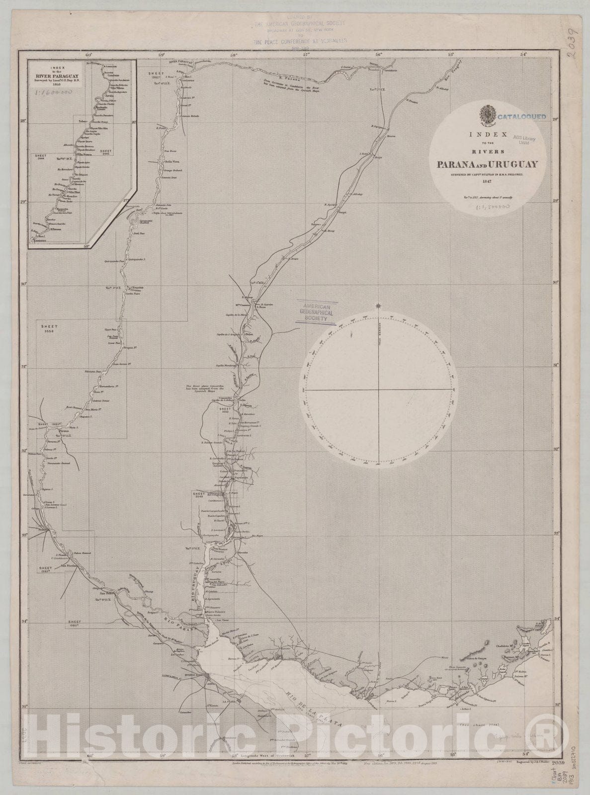 Map : Parana? River, Brazil and Argentina 1913, Index to the Rivers Parana and Uruguay , Antique Vintage Reproduction