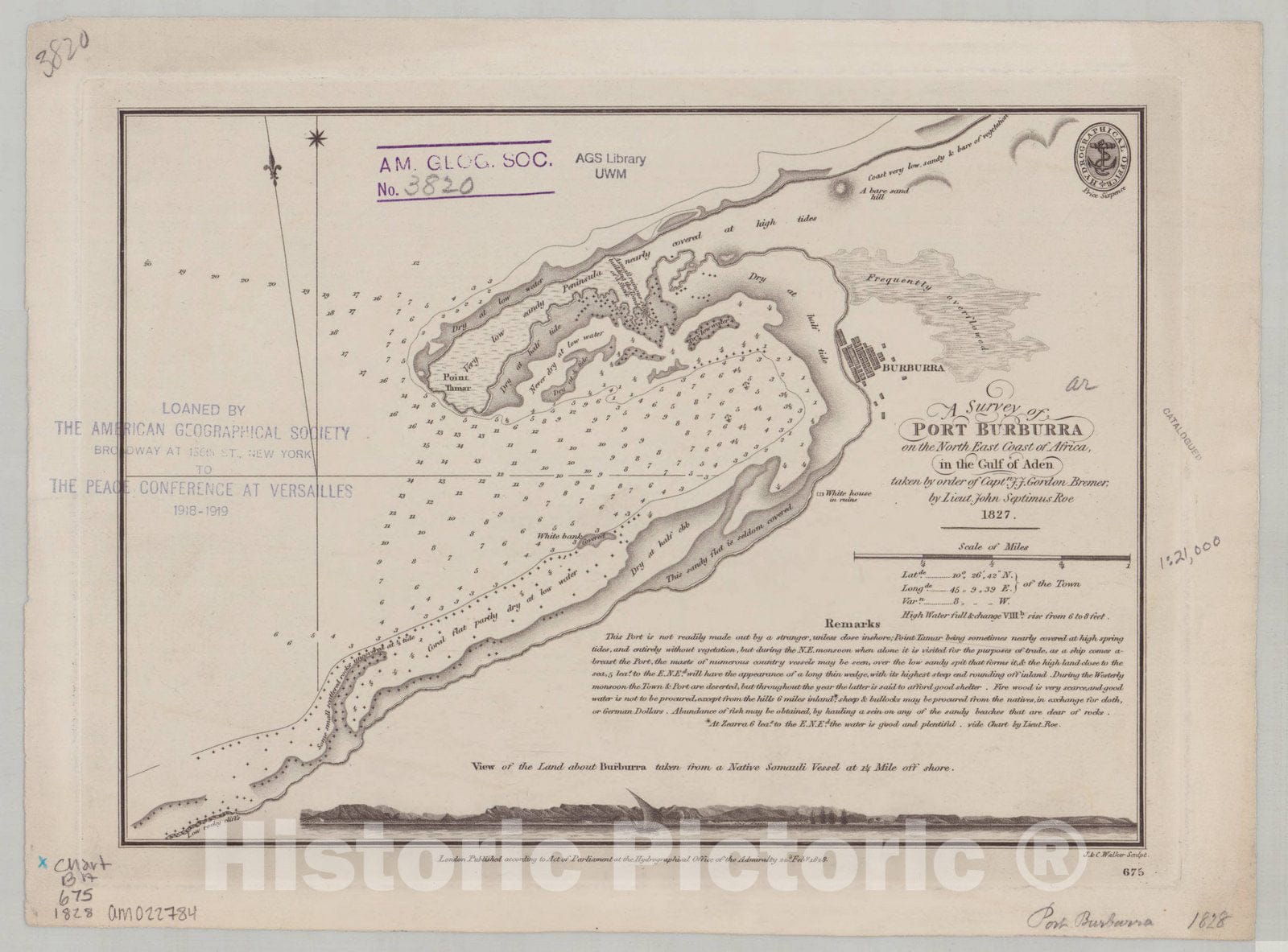 Map : Africa, north east coast 1828, A survey of Port Burburra on the north east coast of Africa in the Gulf of Aden , Antique Vintage Reproduction