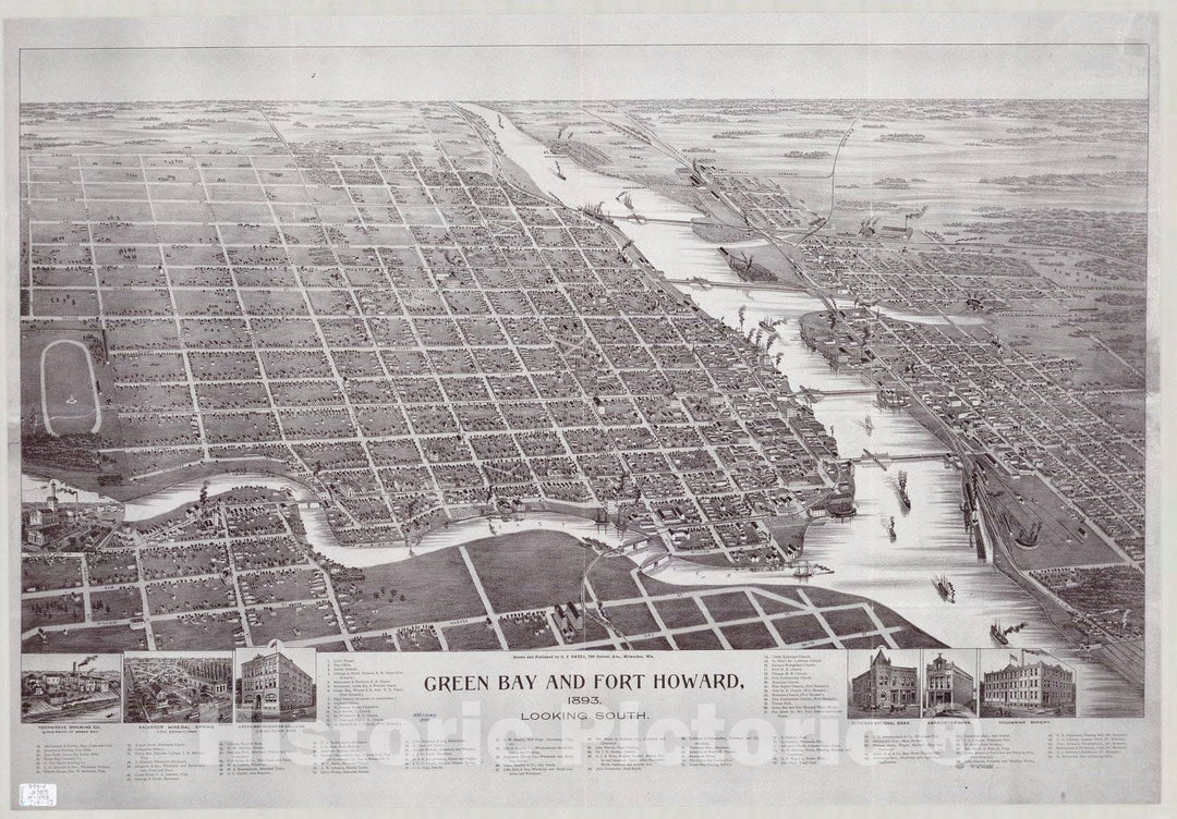 Map : Green Bay, Wisconsin 1893, Green Bay and Fort Howard, 1893 looking south , Antique Vintage Reproduction