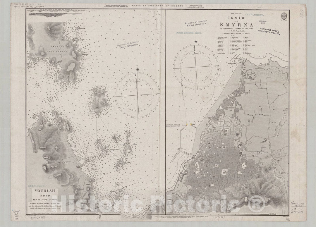 Map : Gulf of Izmir, Turkey 1881, Ports in the Gulf of Smyrna , Antique Vintage Reproduction