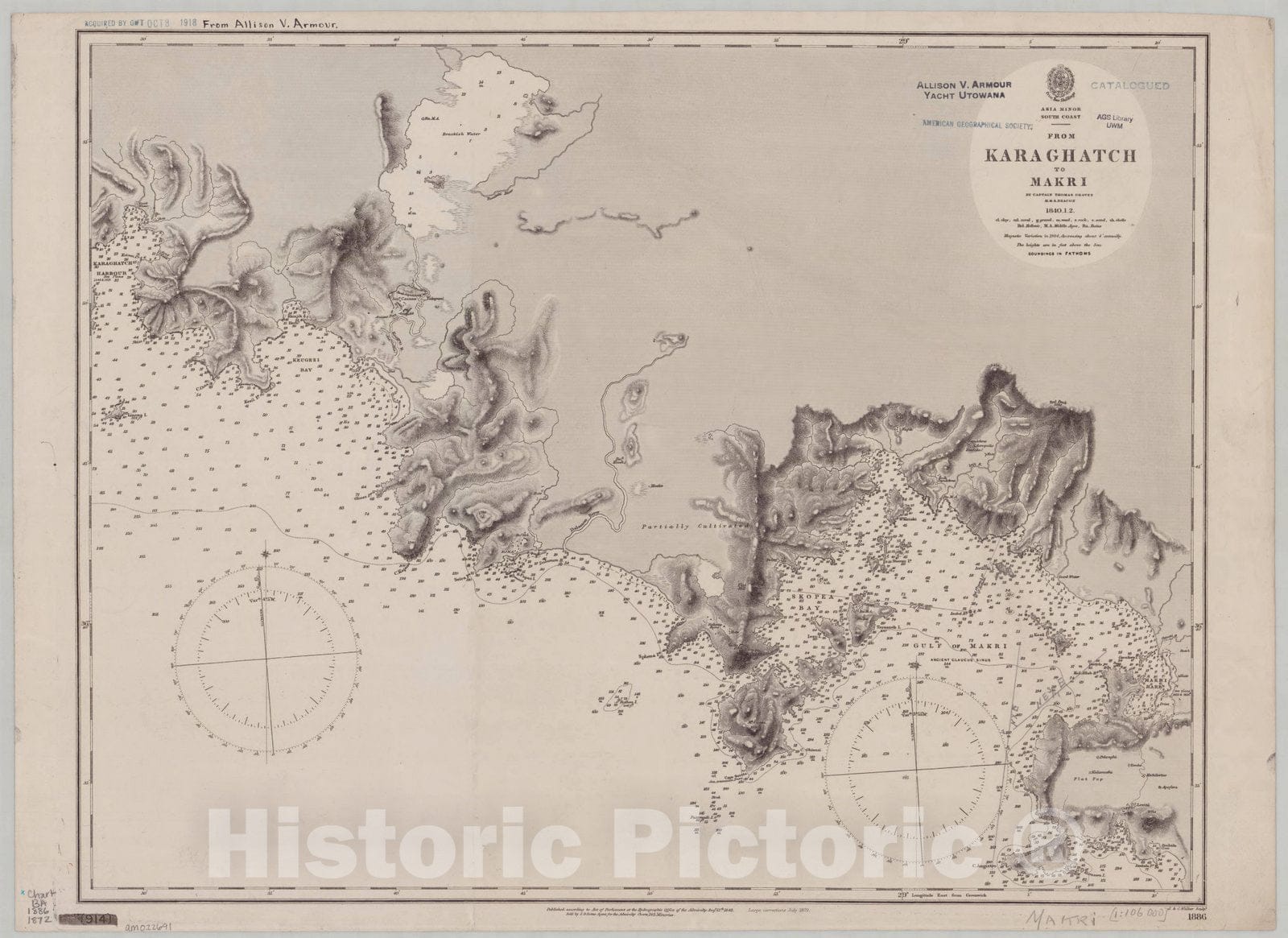 Map : Turkey 1872, Asia Minor, south coast, from Karaghatch to Makri , Antique Vintage Reproduction