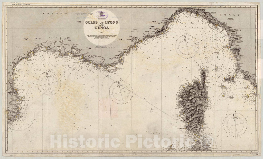 Map : France and Italy 1911, Mediterranean, Gulfs of Lyons and Genoa , Antique Vintage Reproduction