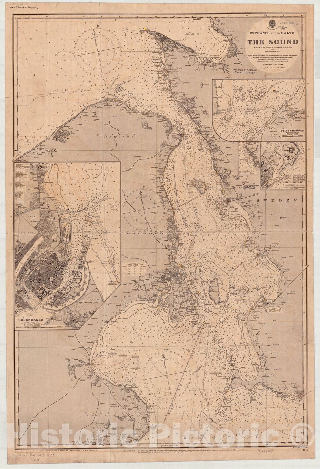 Map : The Sound, Denmark 1899, Entrance to the Baltic, the Sound , Antique Vintage Reproduction